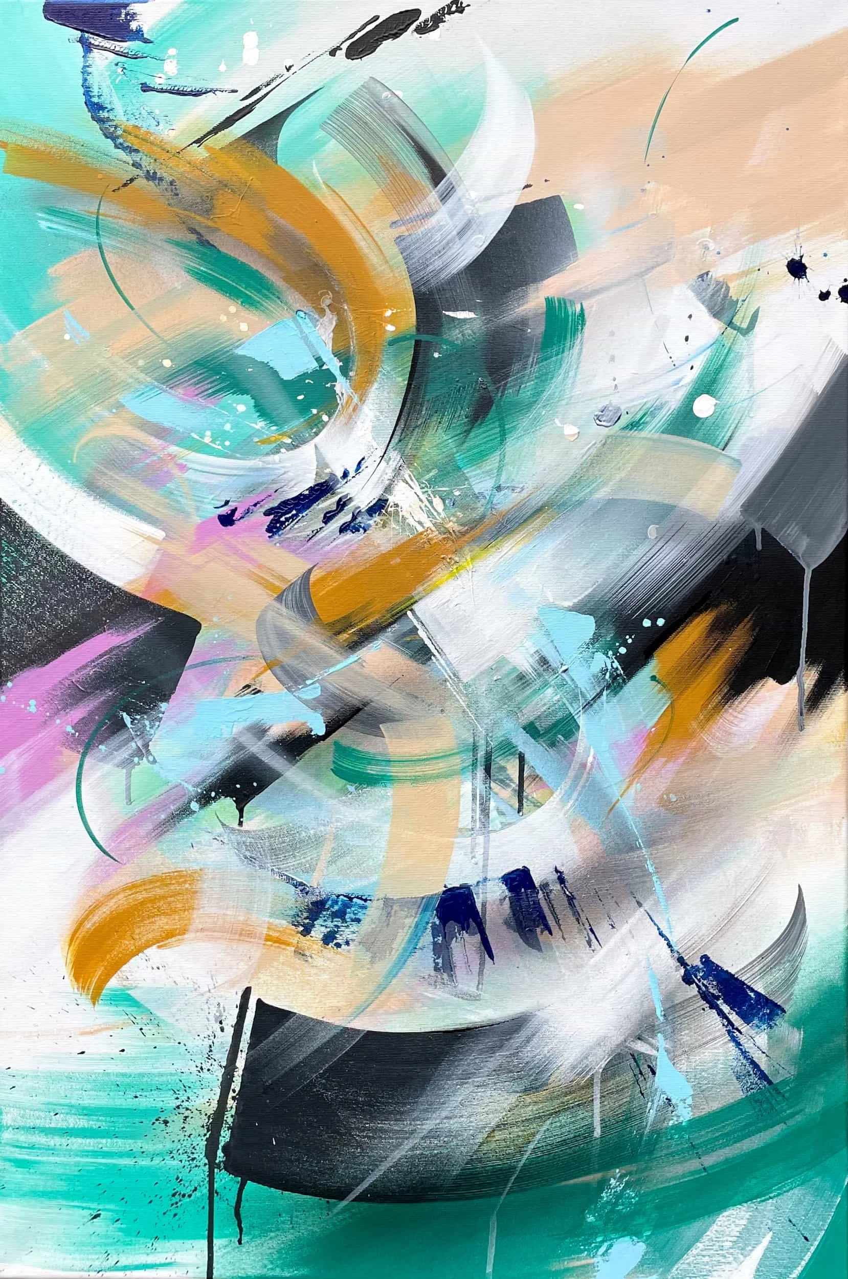 An abstract painting with swirling brushstrokes in teal, orange, black, white, purple, and mint green colors.