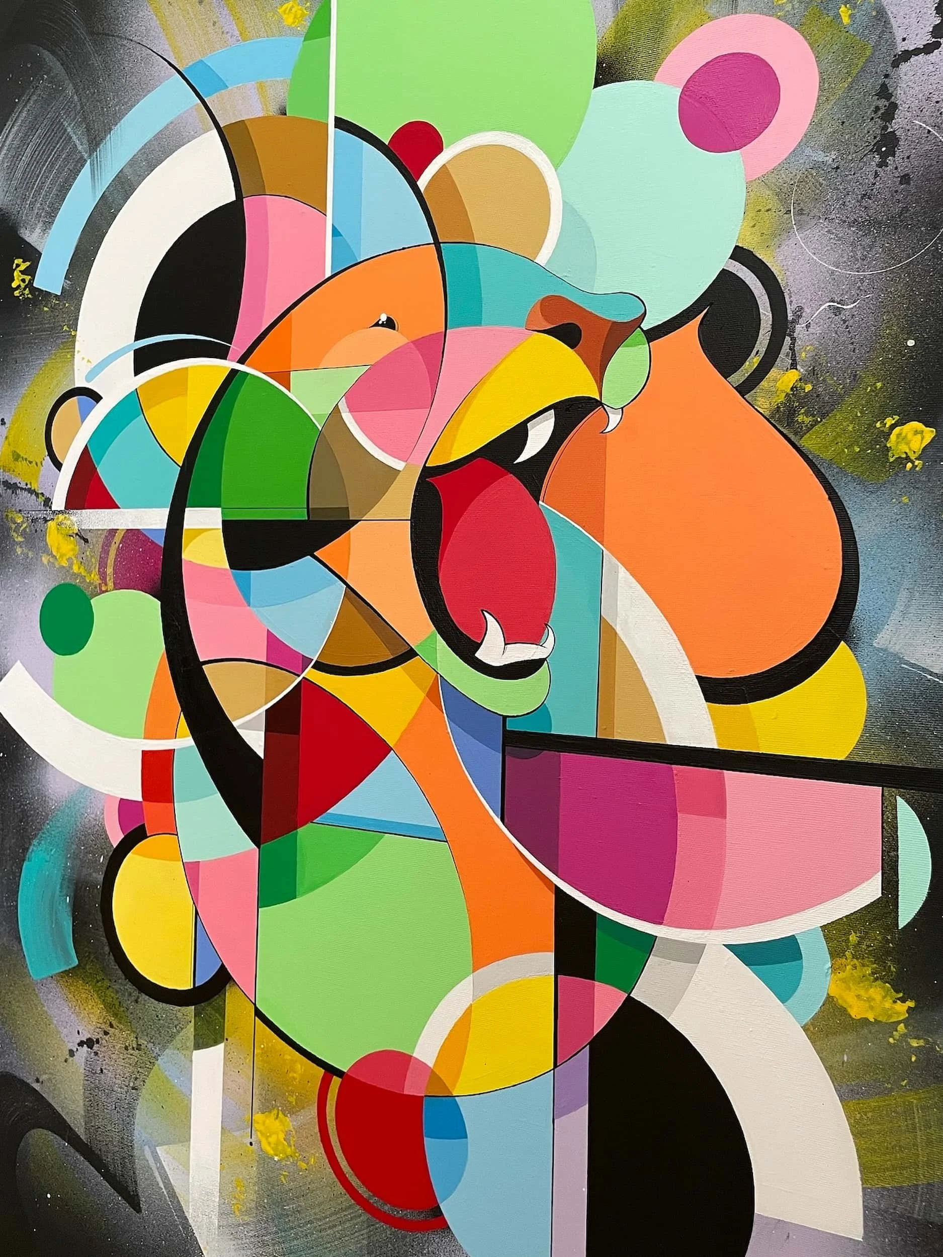 Colorful abstract illustration of a roaring lion's face, composed of various geometric shapes and vibrant colors.