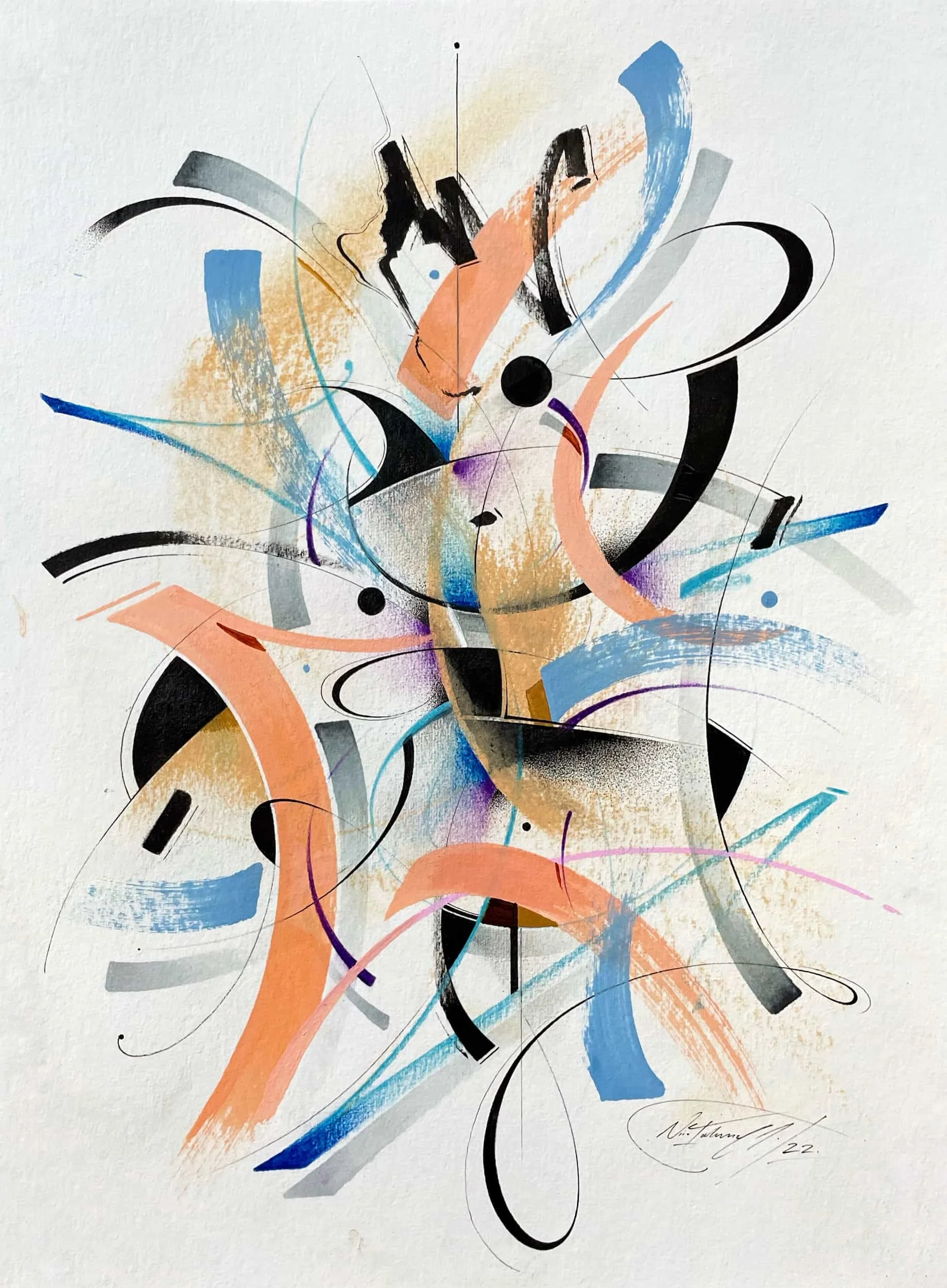 Abstract colorful graffiti art with brushstrokes, lines, and shapes in black, blue, orange, purple, gray, and peach on a white canvas.