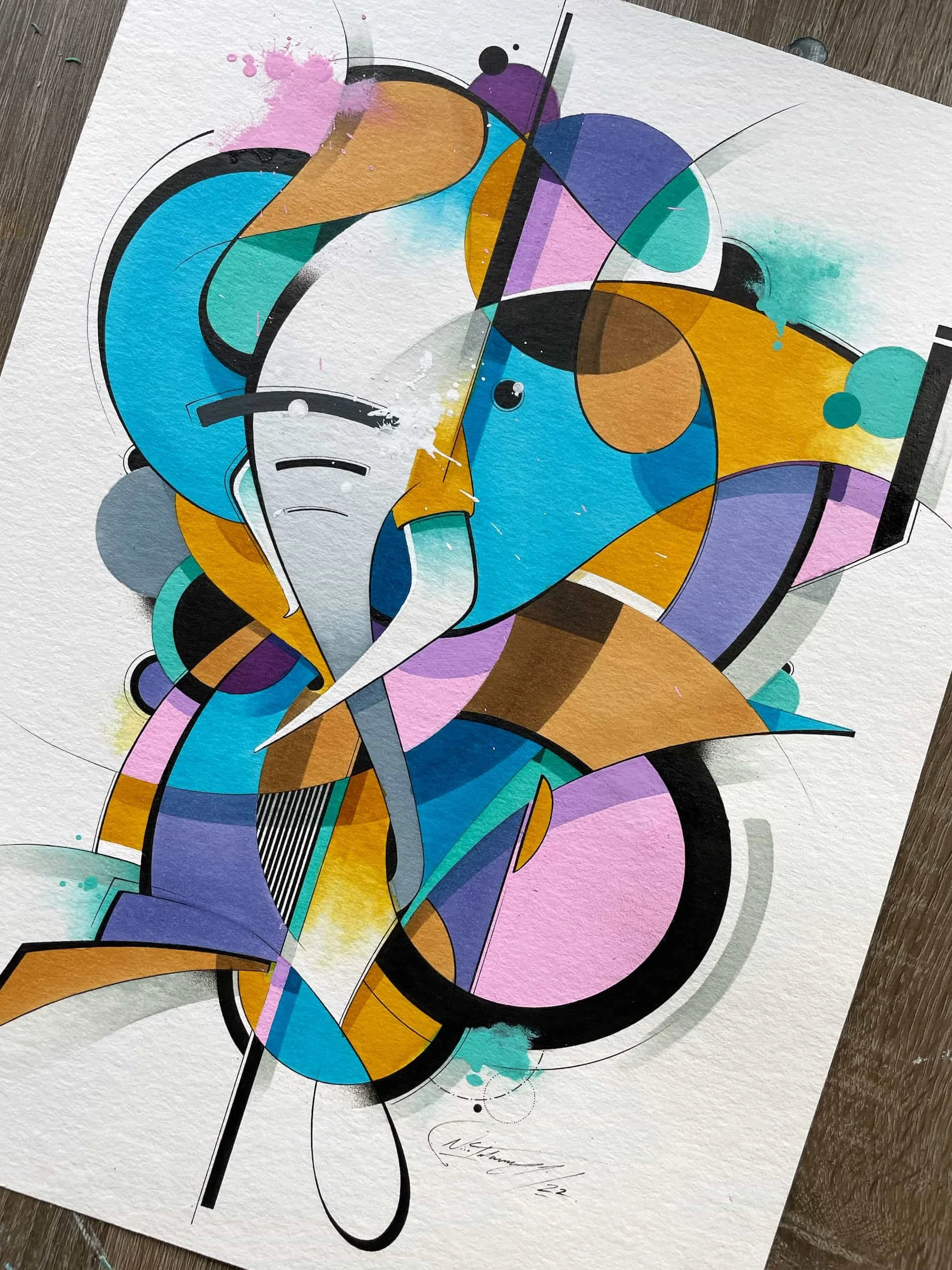 Abstract geometric art with various colors including blue, purple, pink, yellow, black, white, and gold, featuring shapes like circles, triangles, and curved lines.