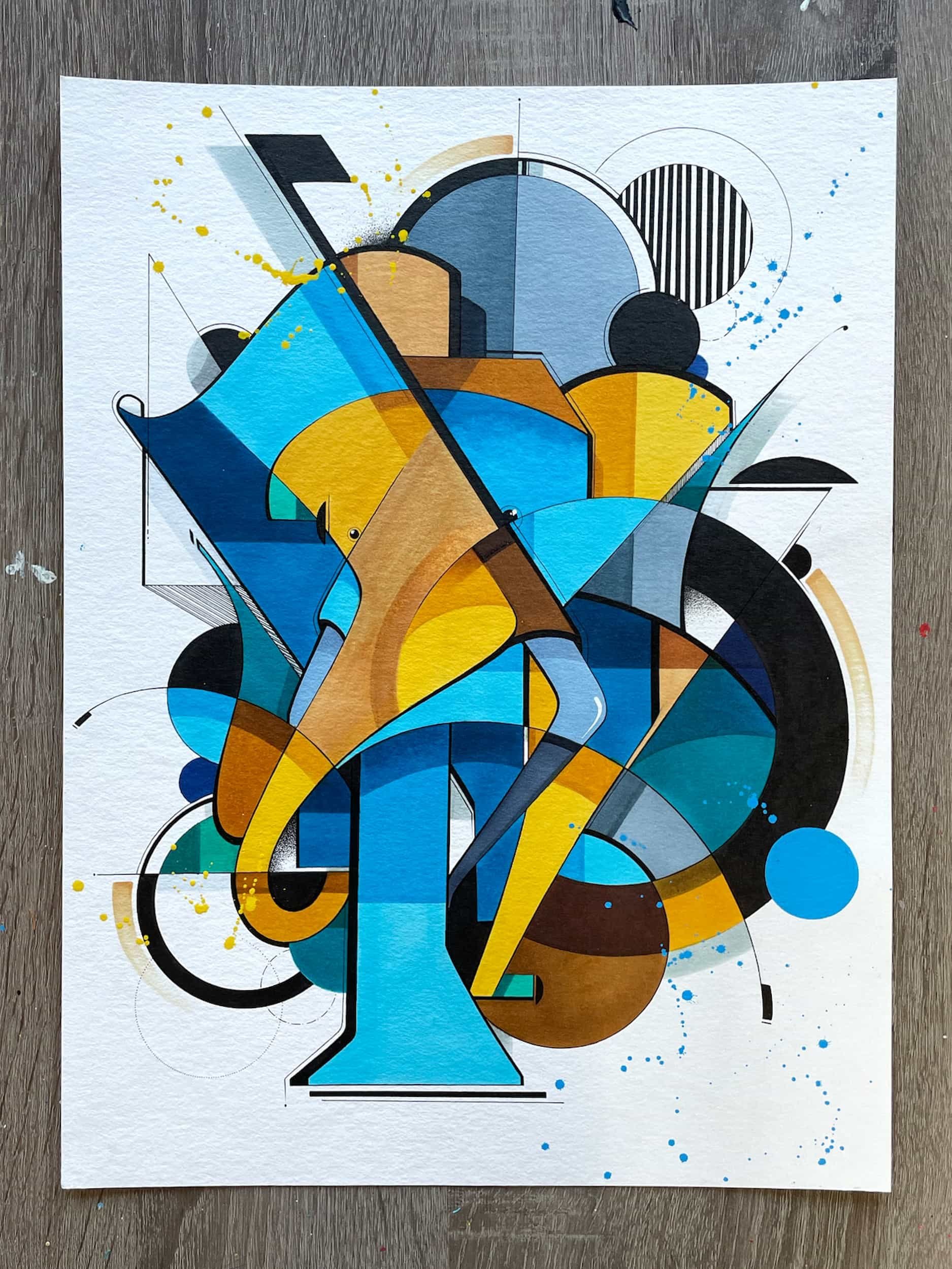 Abstract geometric artwork with various shapes, lines, and splashes of blue, yellow, black, brown, and white colors.