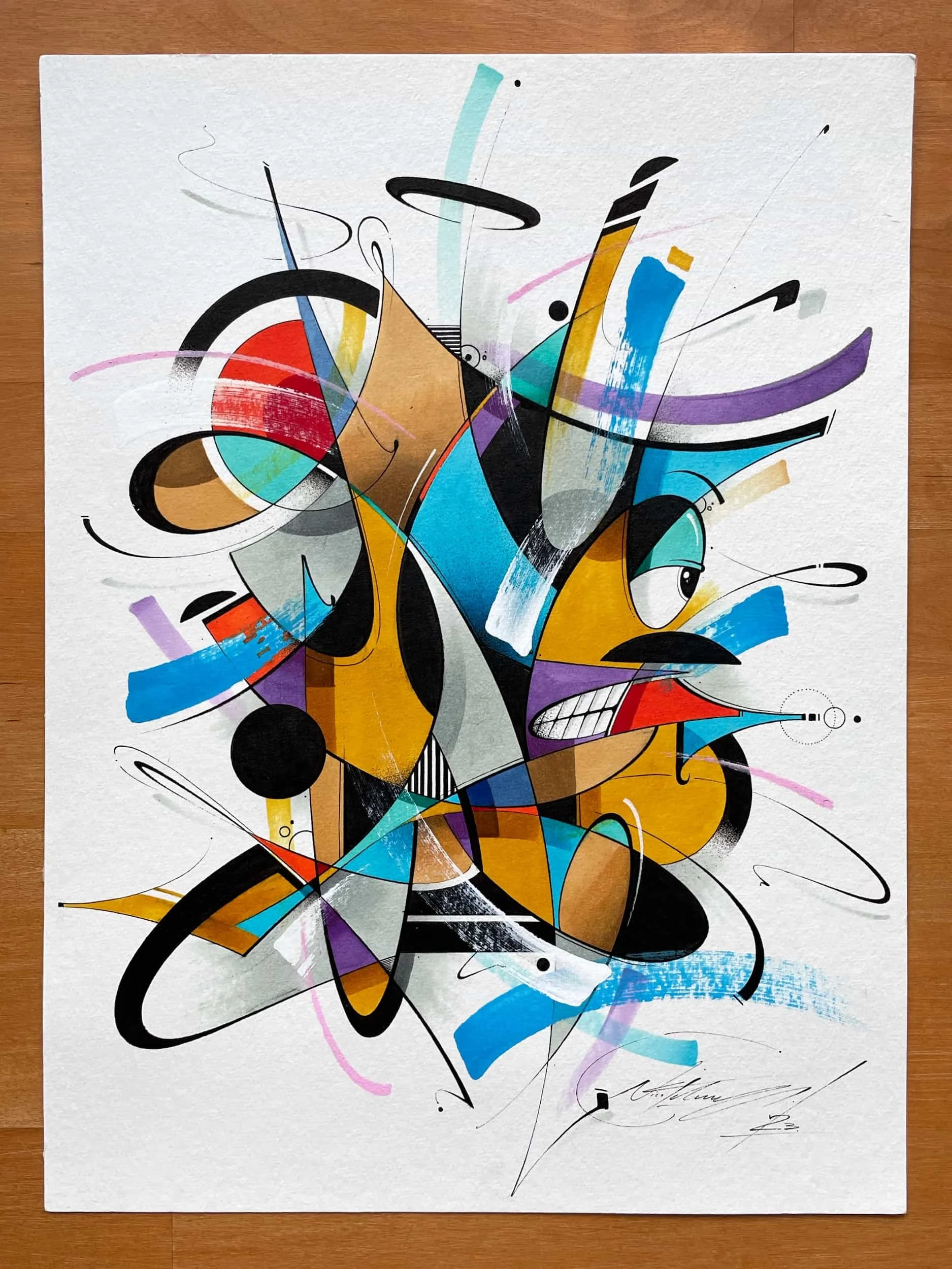 An abstract modern art painting with colorful shapes, lines, and brushstrokes on a white background.