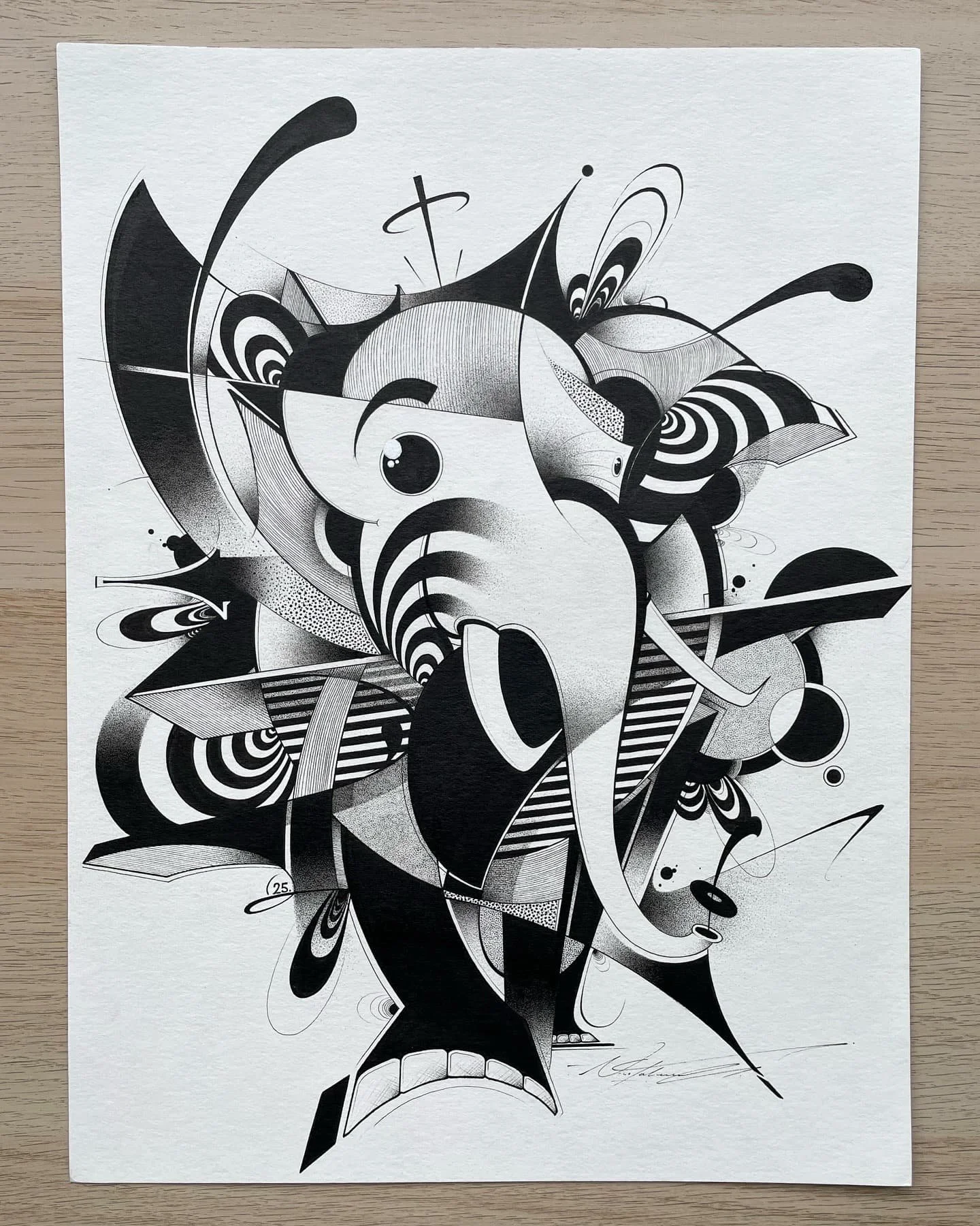 Black and white abstract drawing of an elephant with swirling and geometric patterns.