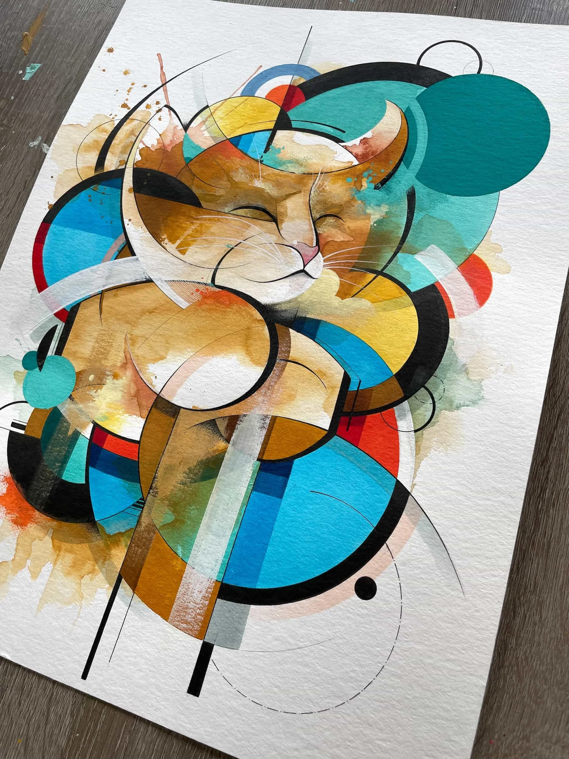 Abstract watercolor artwork of a cat with geometric shapes, vibrant colors, and overlapping circles.