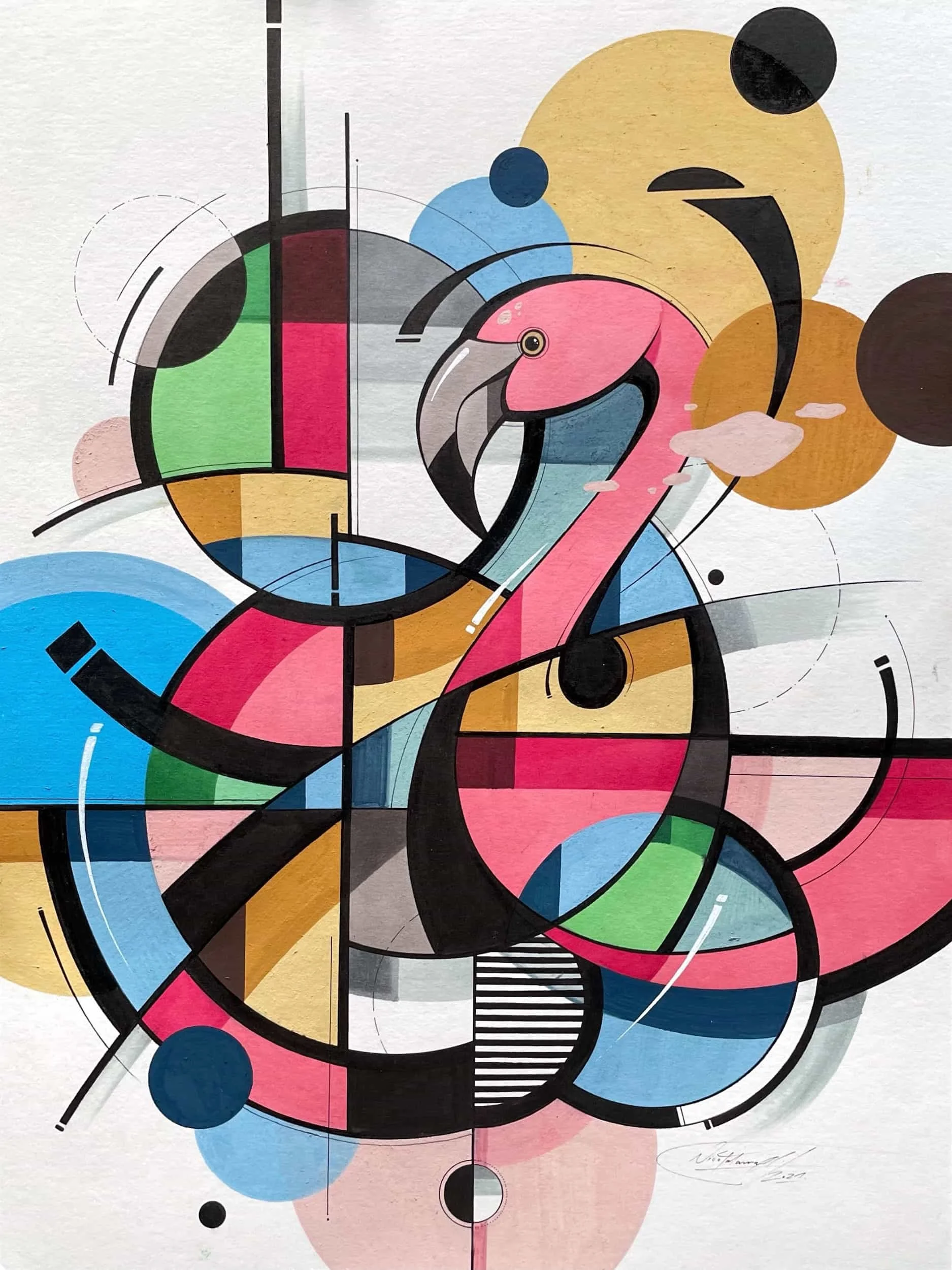 Geometric Flamingo - Alcohol markers, ink and acrylic on paper, 30 x 40 cm, 2021