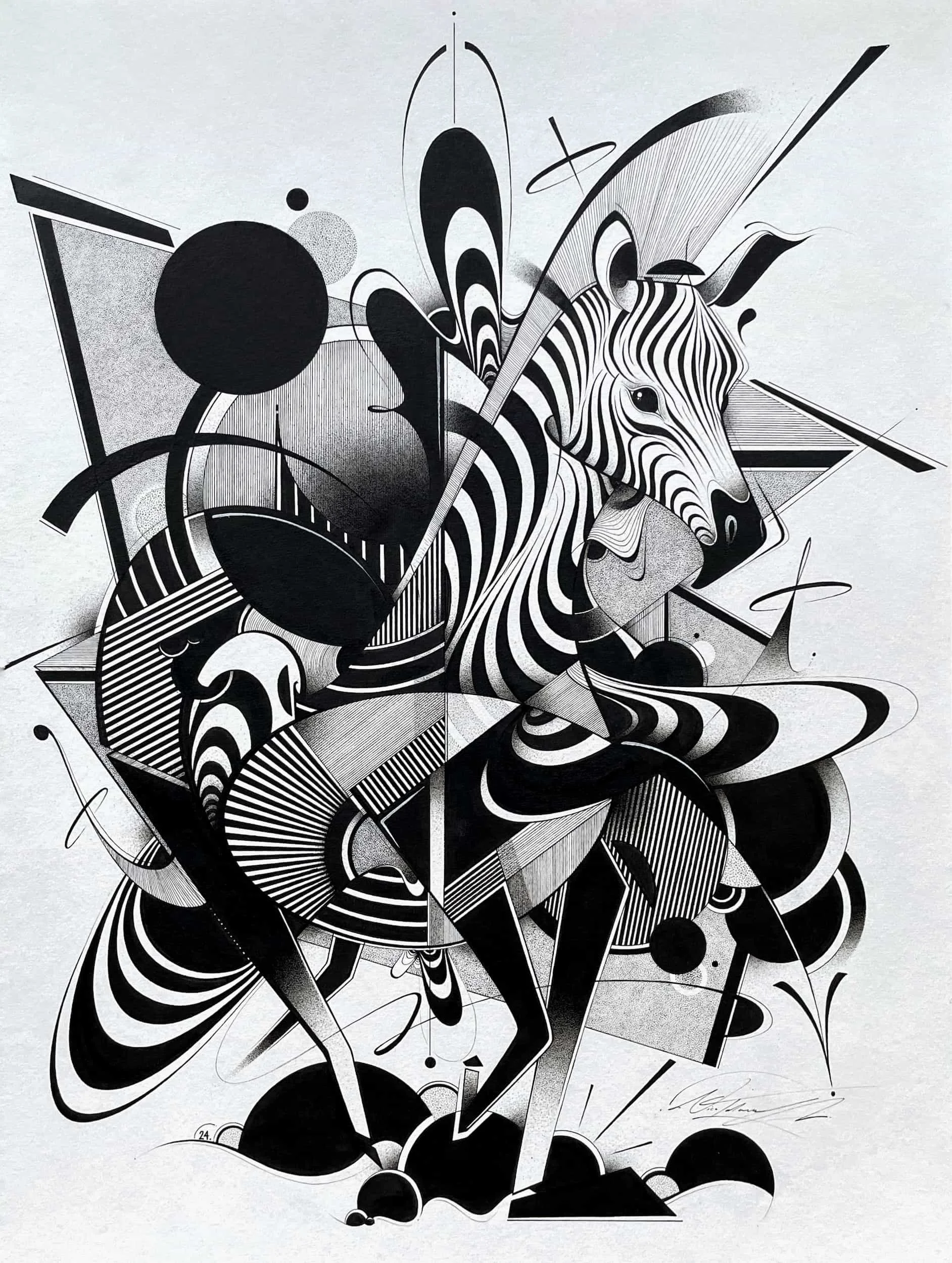Abstract black and white drawing of a zebra with geometric shapes and patterns.