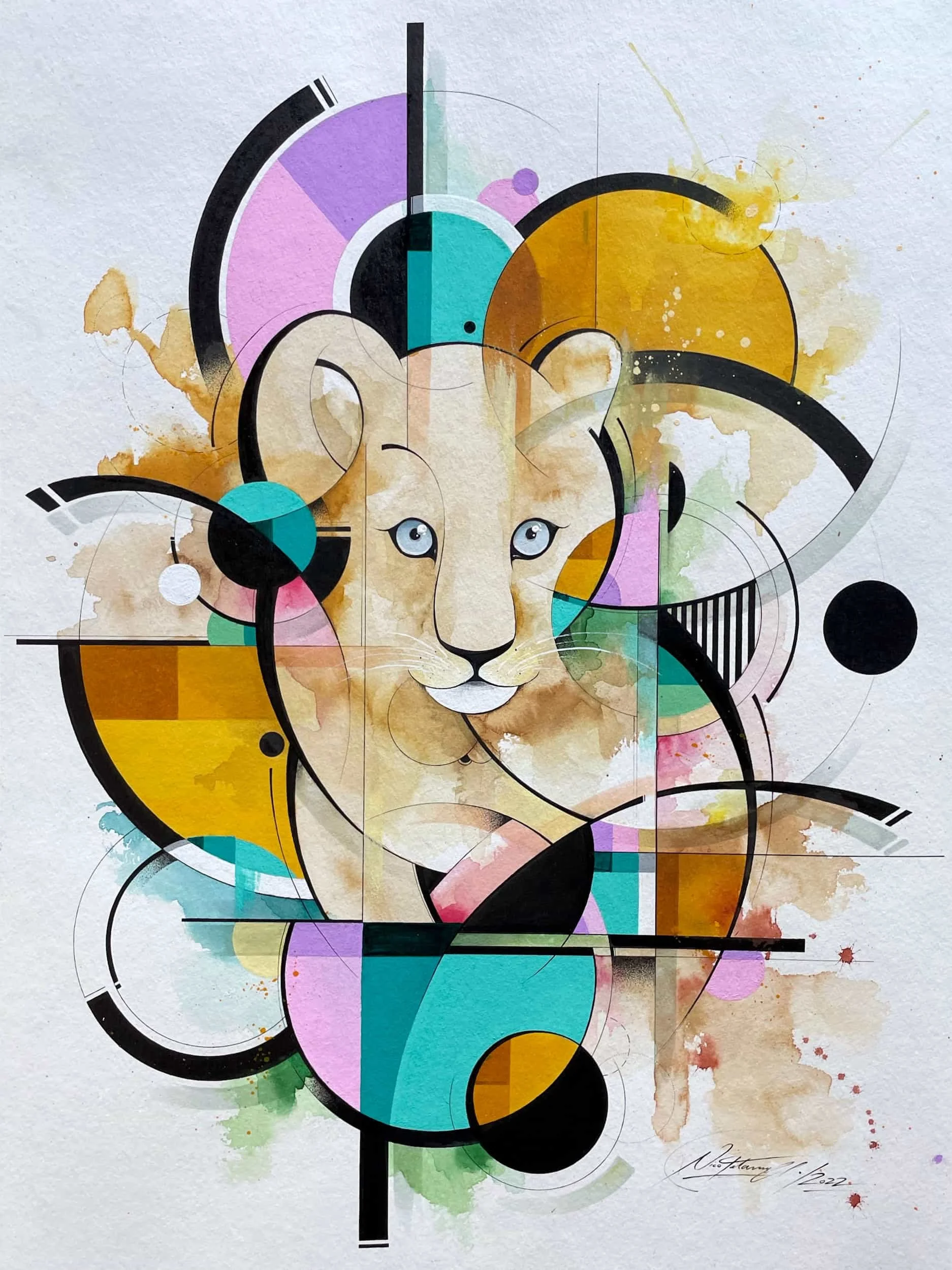 A colorful abstract painting of a lion cub's face with geometric shapes and watercolor splashes in shades of yellow, orange, pink, blue, purple, black, and green.