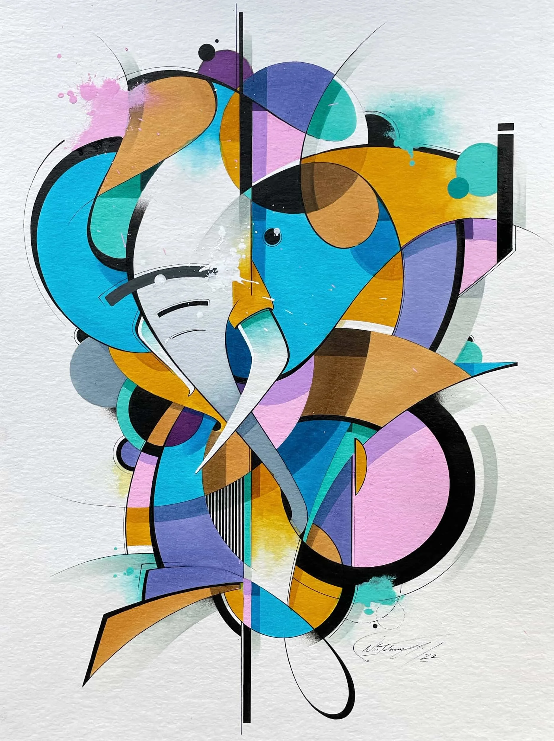 Abstract geometric artwork with vibrant colors including blue, purple, pink, yellow, black, and white. It features various shapes like circles, lines, and curved forms layered together.