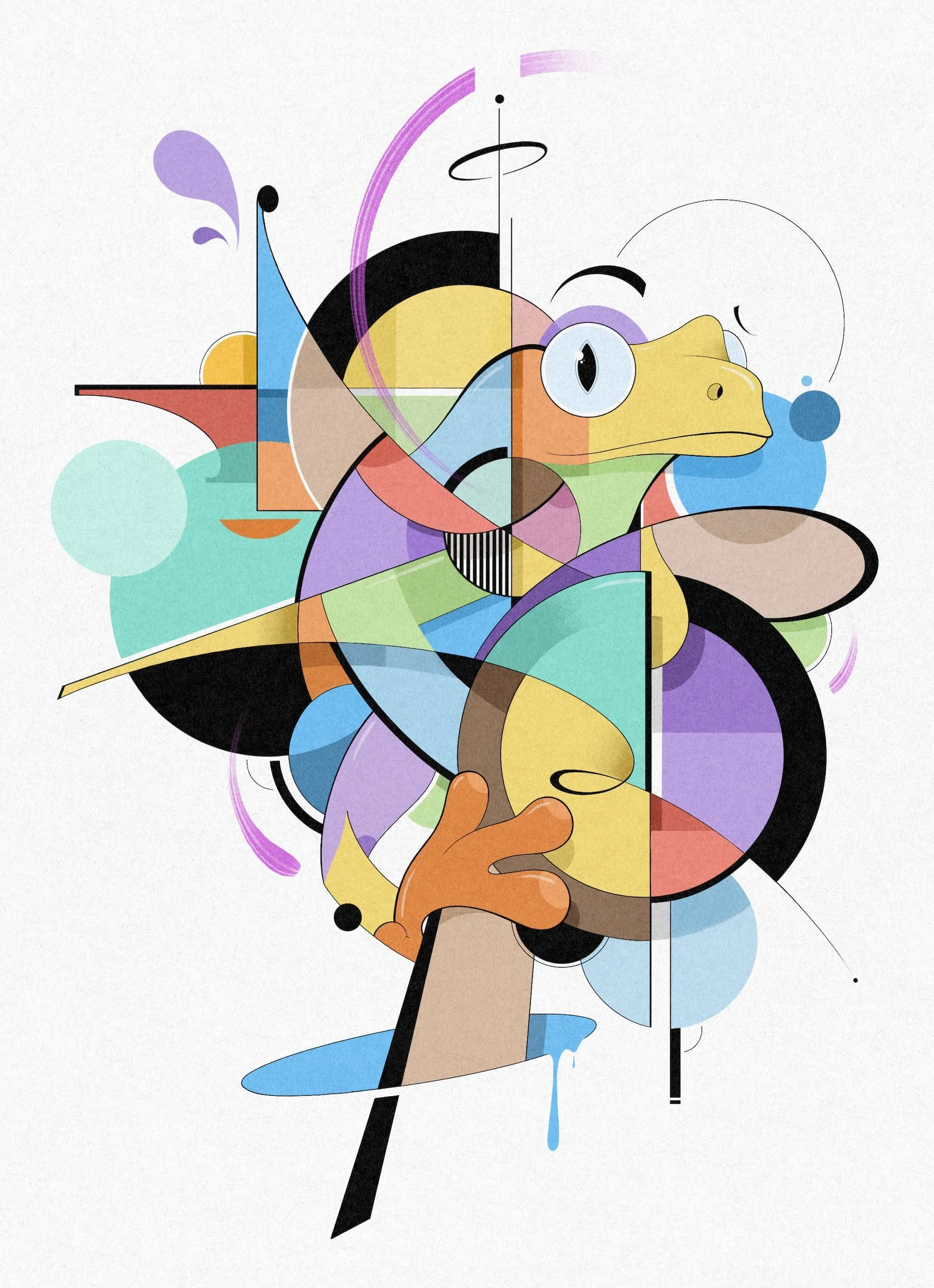 Abstract artwork with geometric shapes and vibrant colors forming a stylized animal, possibly a turtle, with a hand holding it at the bottom.