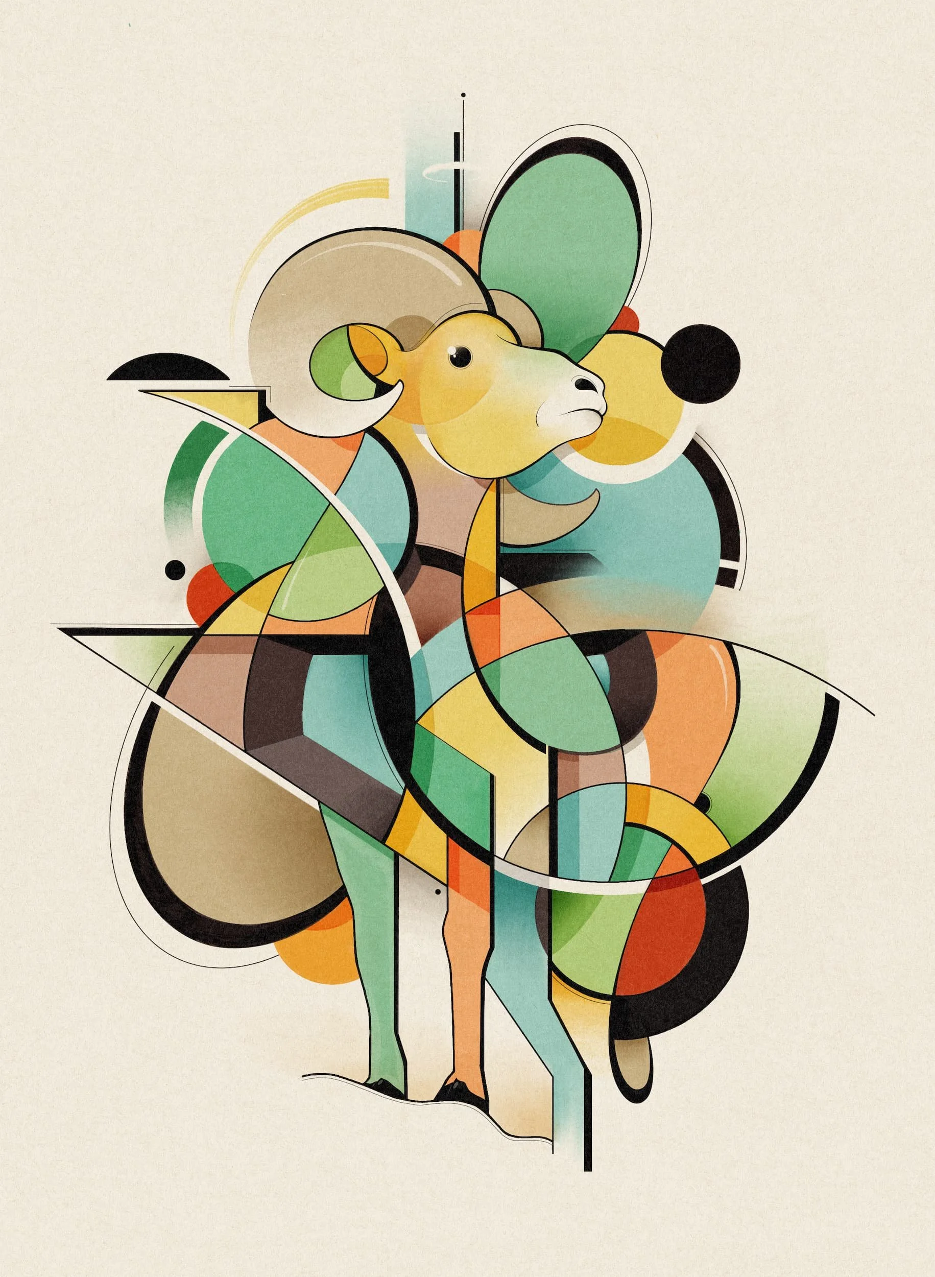 Abstract geometric art of a ram with large horns, using colorful overlapping shapes and bold outlines.