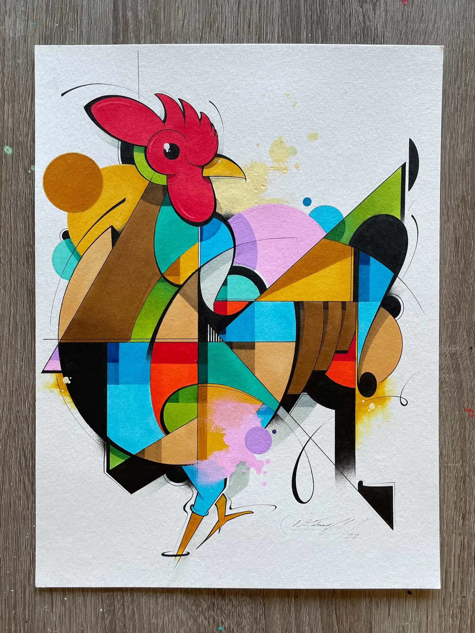 Colorful abstract painting of a rooster with geometric shapes and splashes of paint.