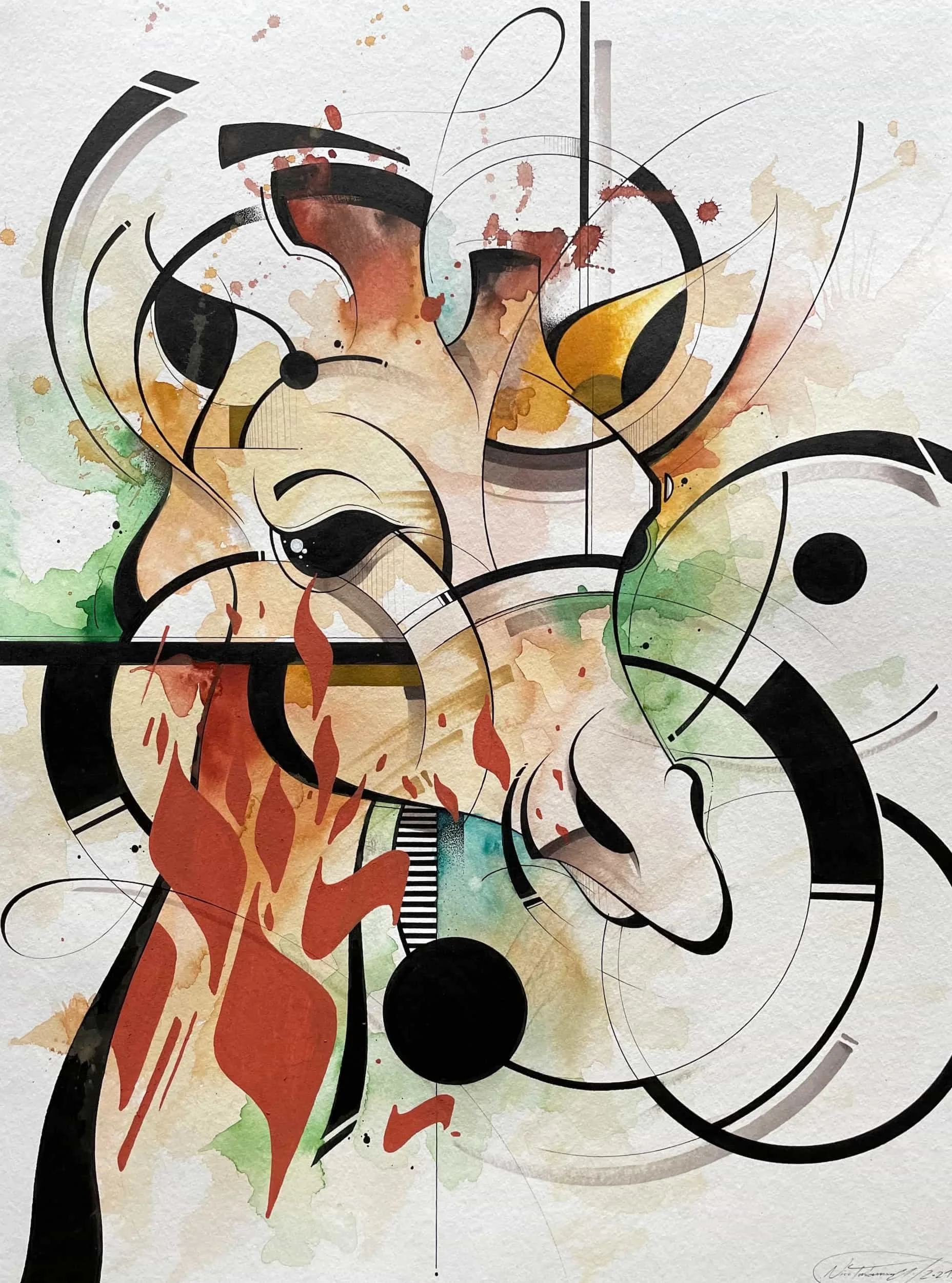 Abstract watercolor painting with black lines and splashes of red, green, yellow, and brown, featuring curved and vertical shapes.