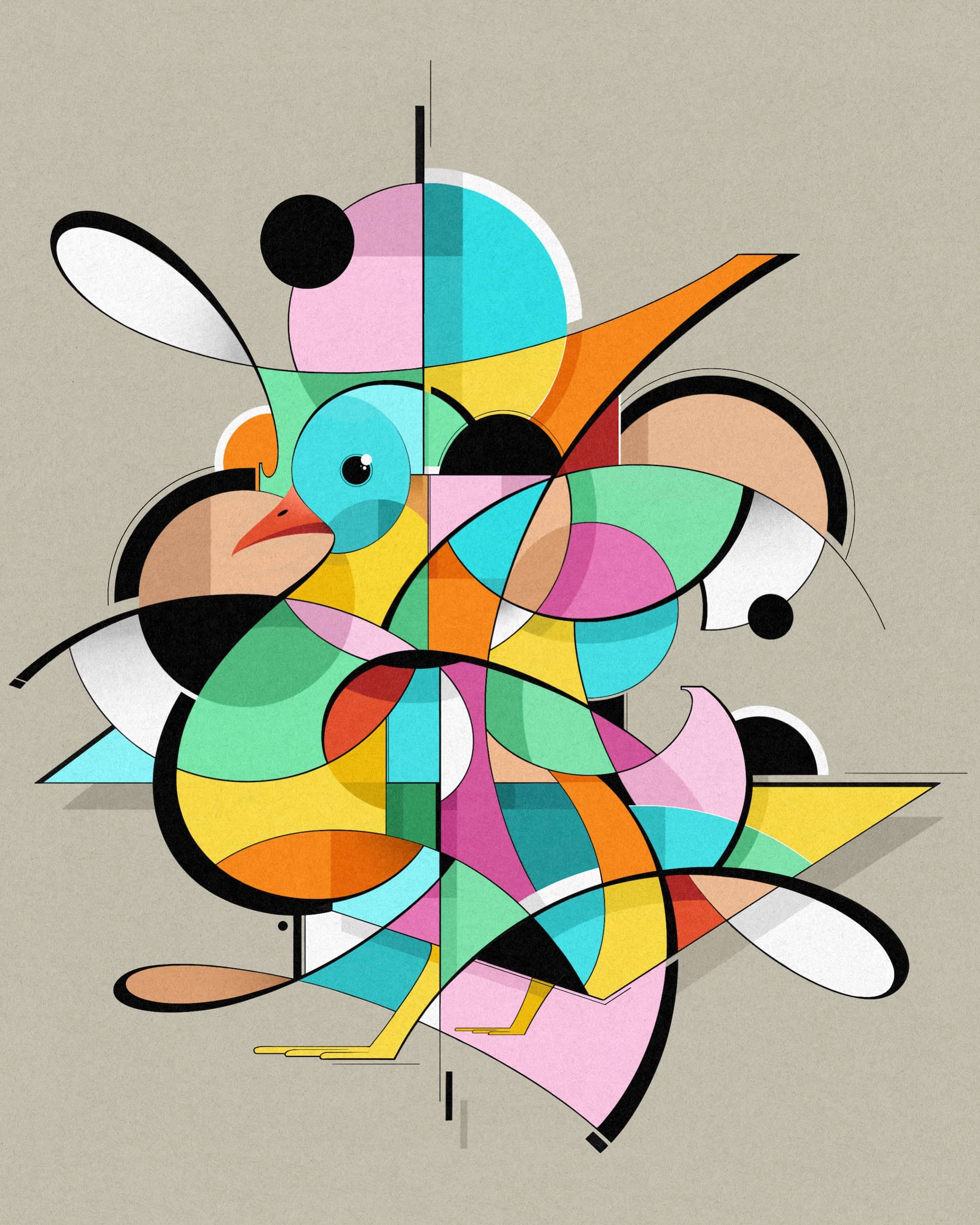An abstract geometric illustration of a colorful bird composed of various shapes and bright colors, set against a beige background.