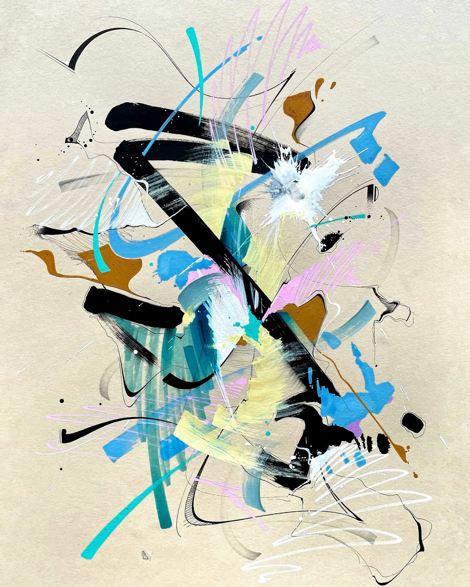 Abstract artwork with splashes of blue, black, brown, yellow, and pink paint on a beige background, featuring dynamic lines and brushstrokes.