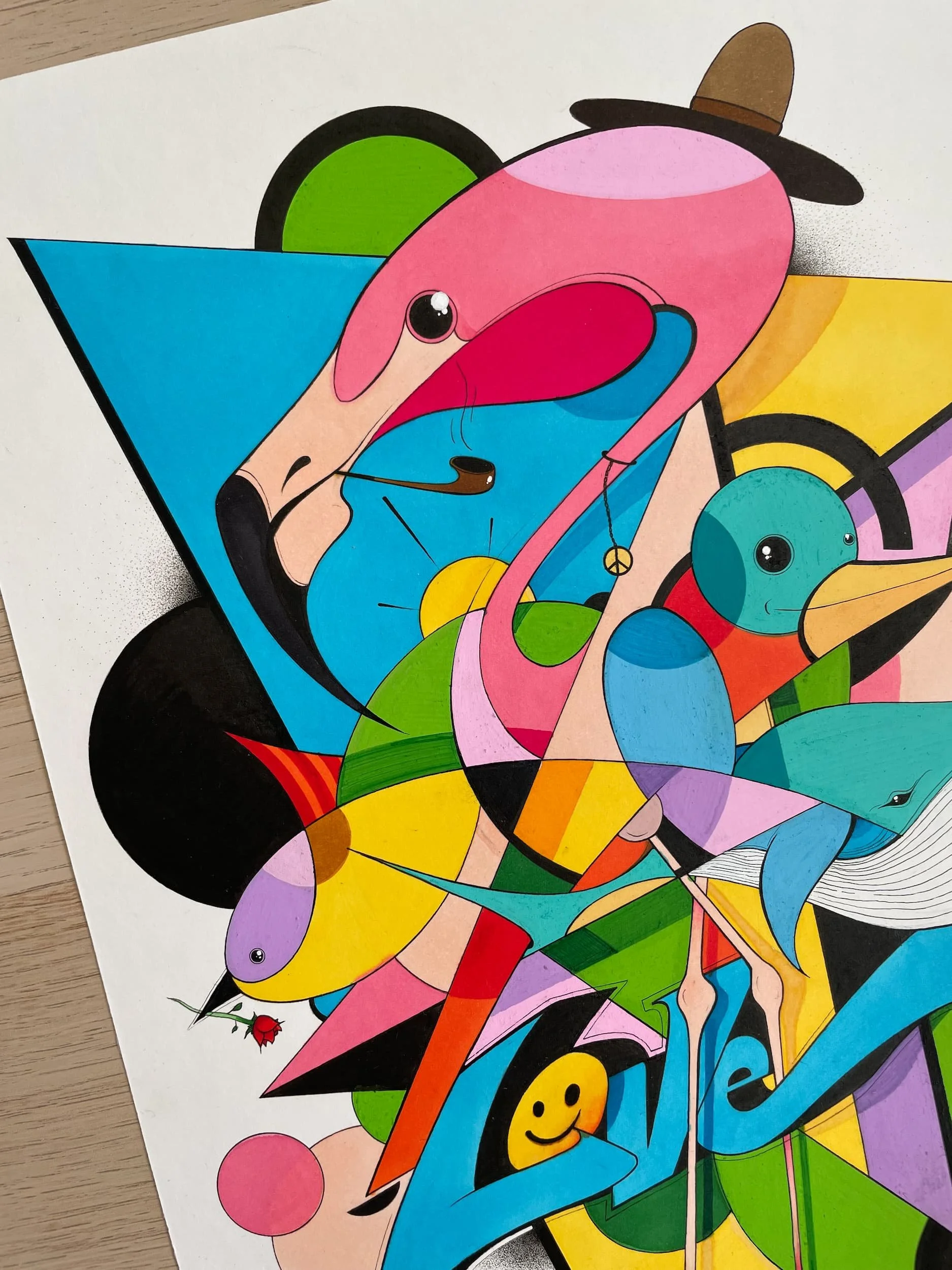 Colorful abstract artwork featuring a pink flamingo with a brown hat, surrounded by various geometric and organic shapes in bright colors.