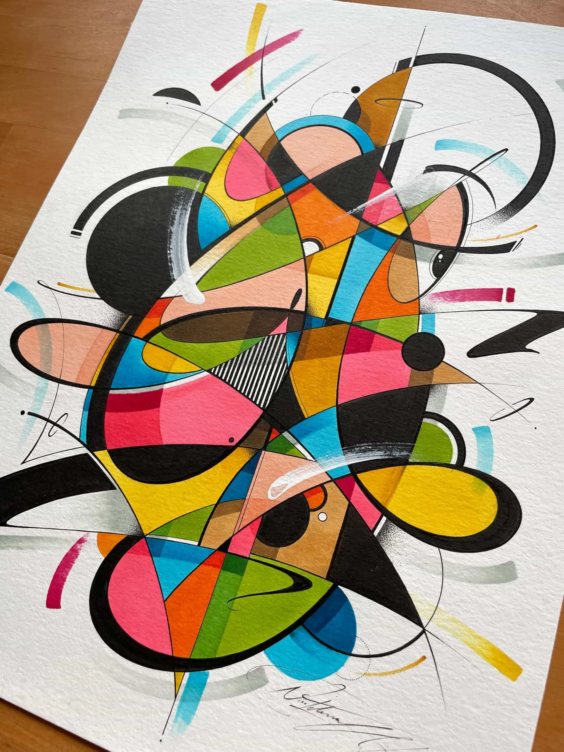 A vibrant abstract painting with geometric shapes, curved lines, and bold colors including pink, blue, green, yellow, orange, black, and brown.
