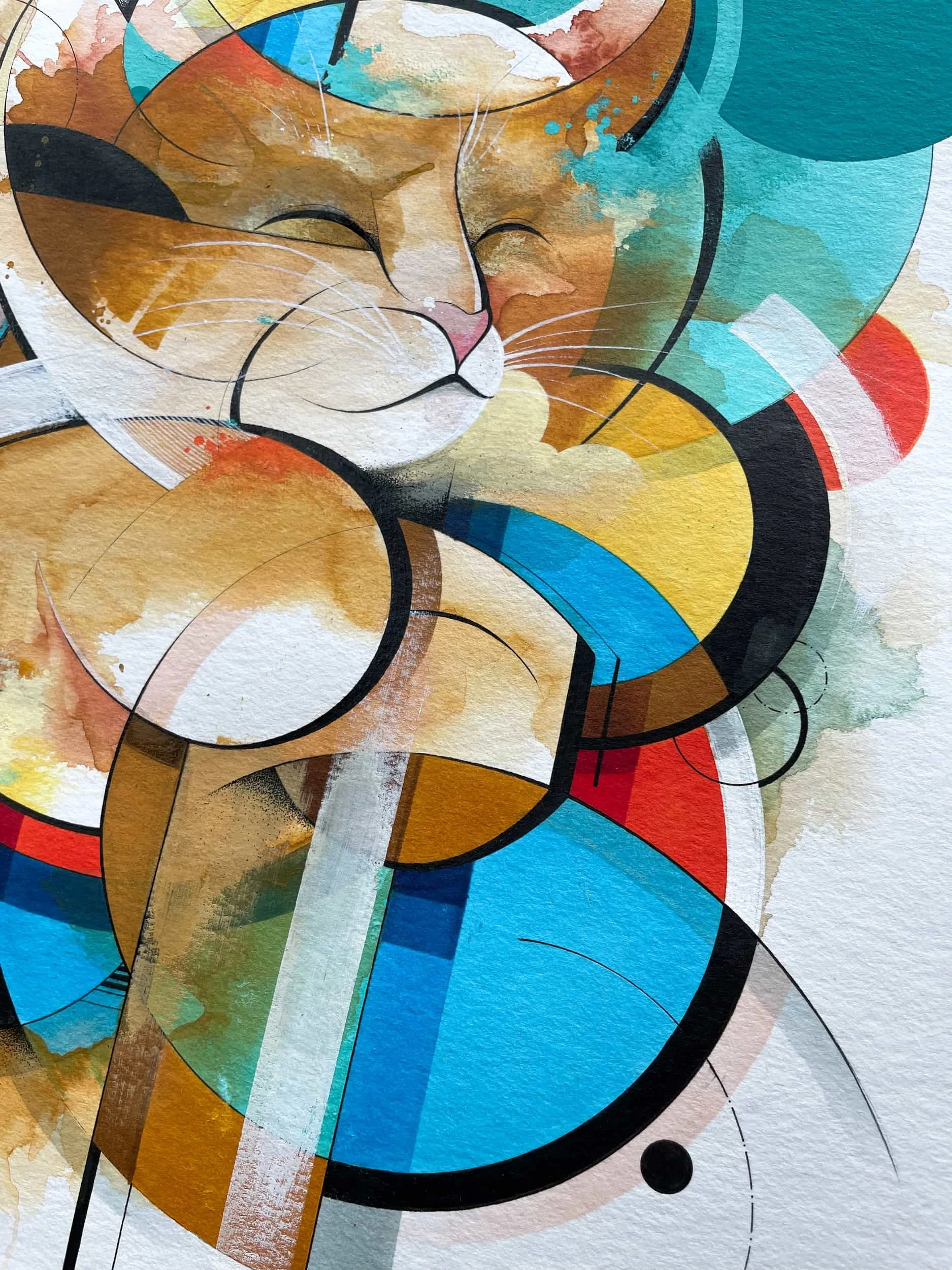 An abstract watercolor painting of a content, sleeping cat, created with vivid, overlapping geometric shapes and vibrant colors like blue, red, yellow, and brown.
