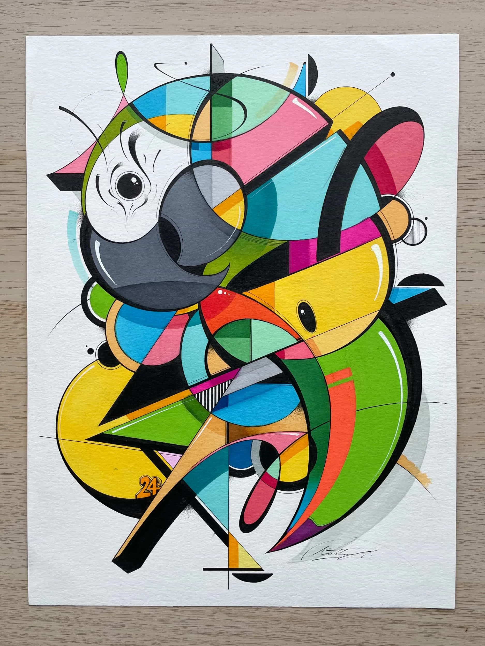 Colorful abstract geometric art with intersecting shapes, lines, and various vibrant colors on a white background.