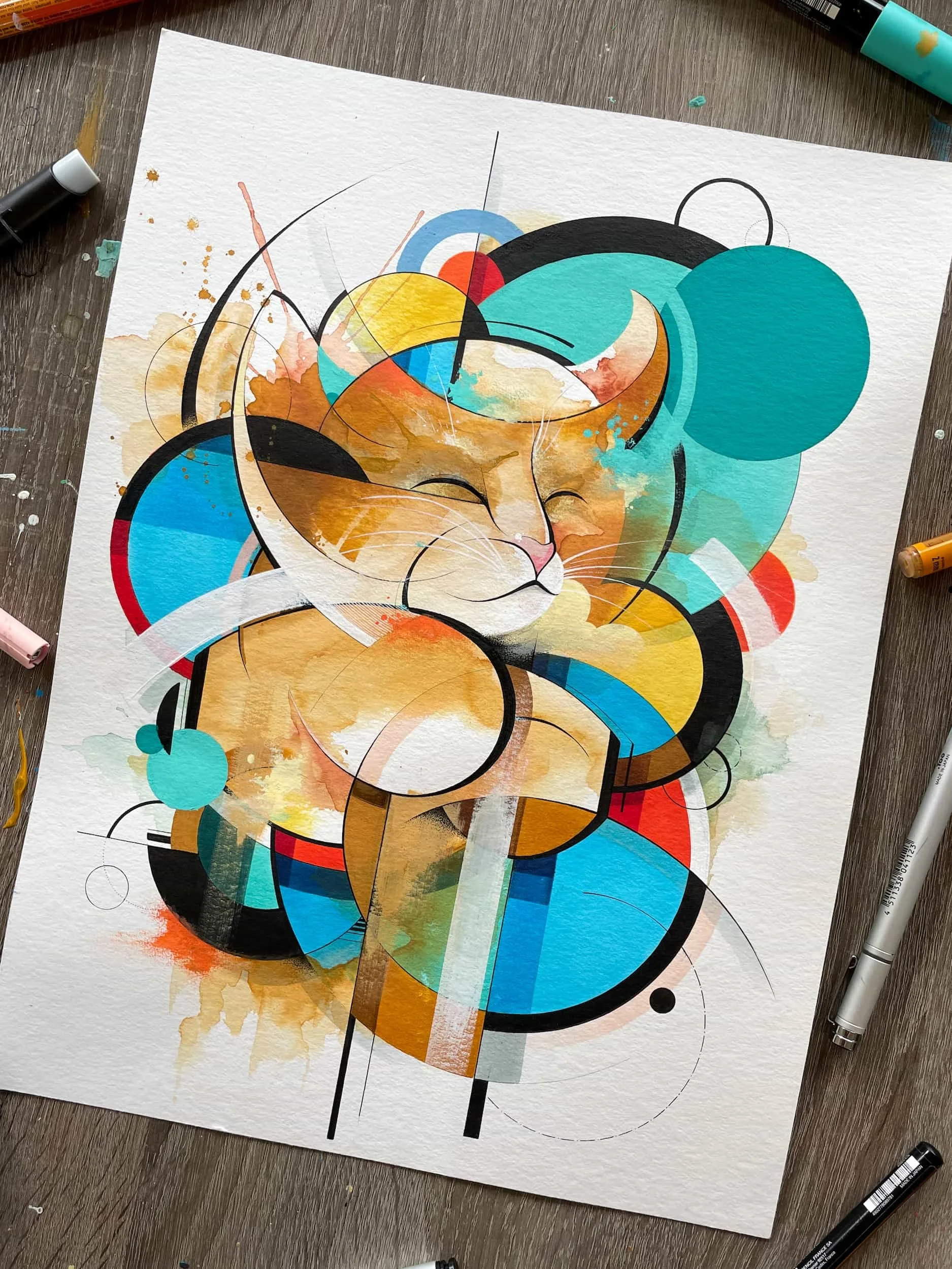 Colorful watercolor and geometric abstract art of a sleeping cat on textured paper.
