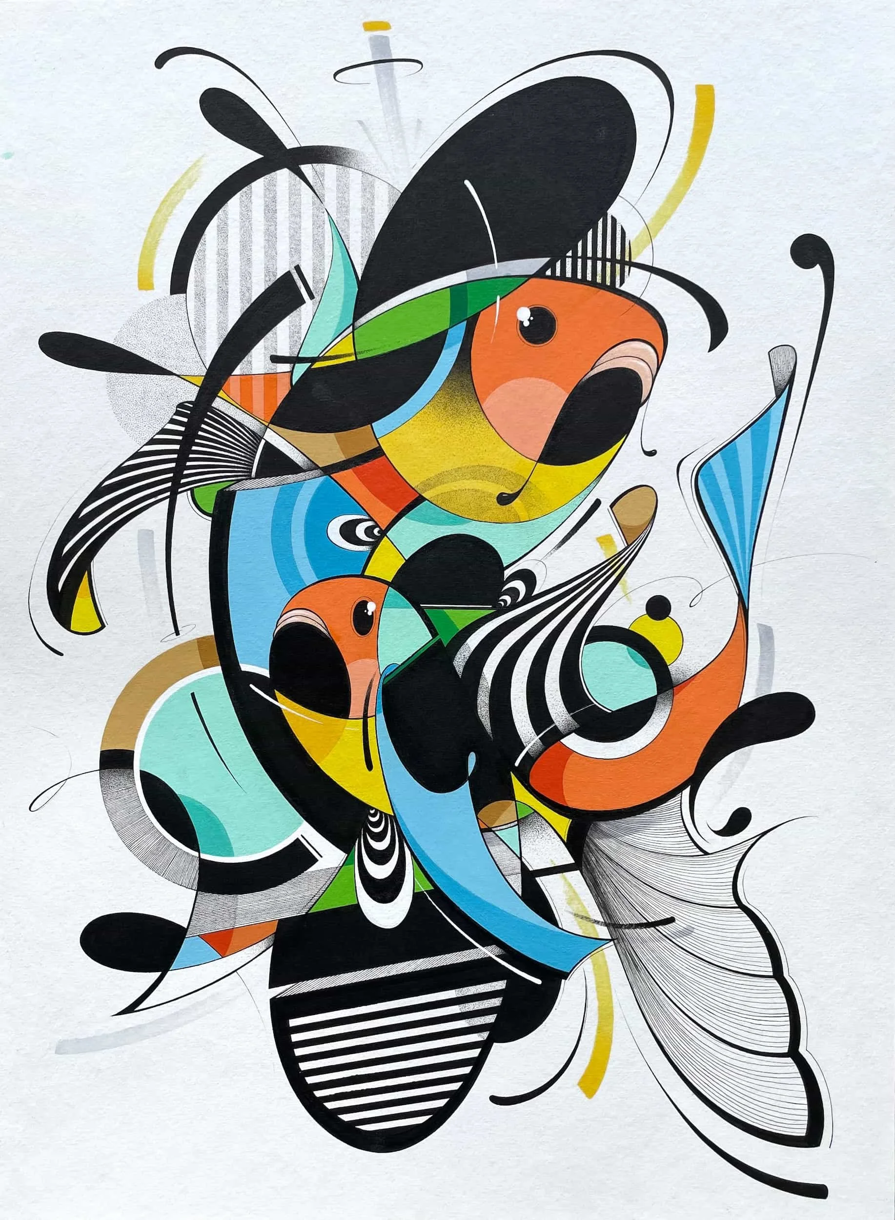 Abstract artwork featuring stylized fish with bright colors, black and white patterns, and swirling lines.