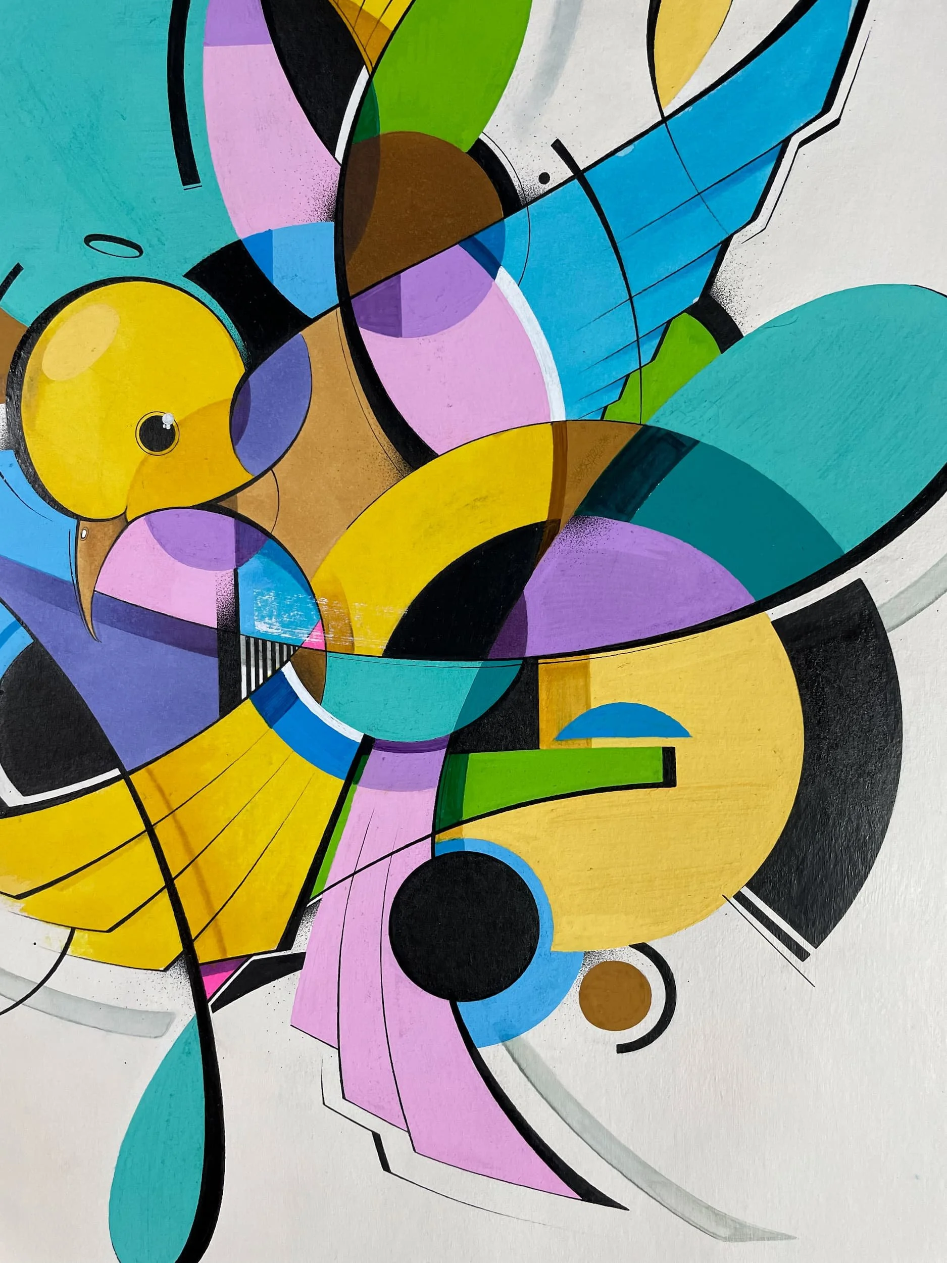 Abstract geometric painting with vibrant colors including yellow, pink, purple, blue, green, black, brown, and white, featuring various shapes and lines.