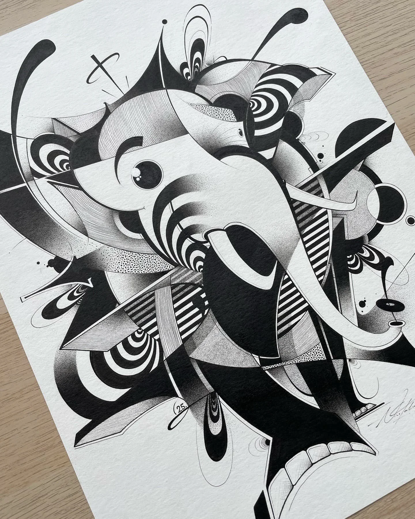 Black and white abstract drawing of a fish with bold lines, geometric shapes, and swirling patterns.