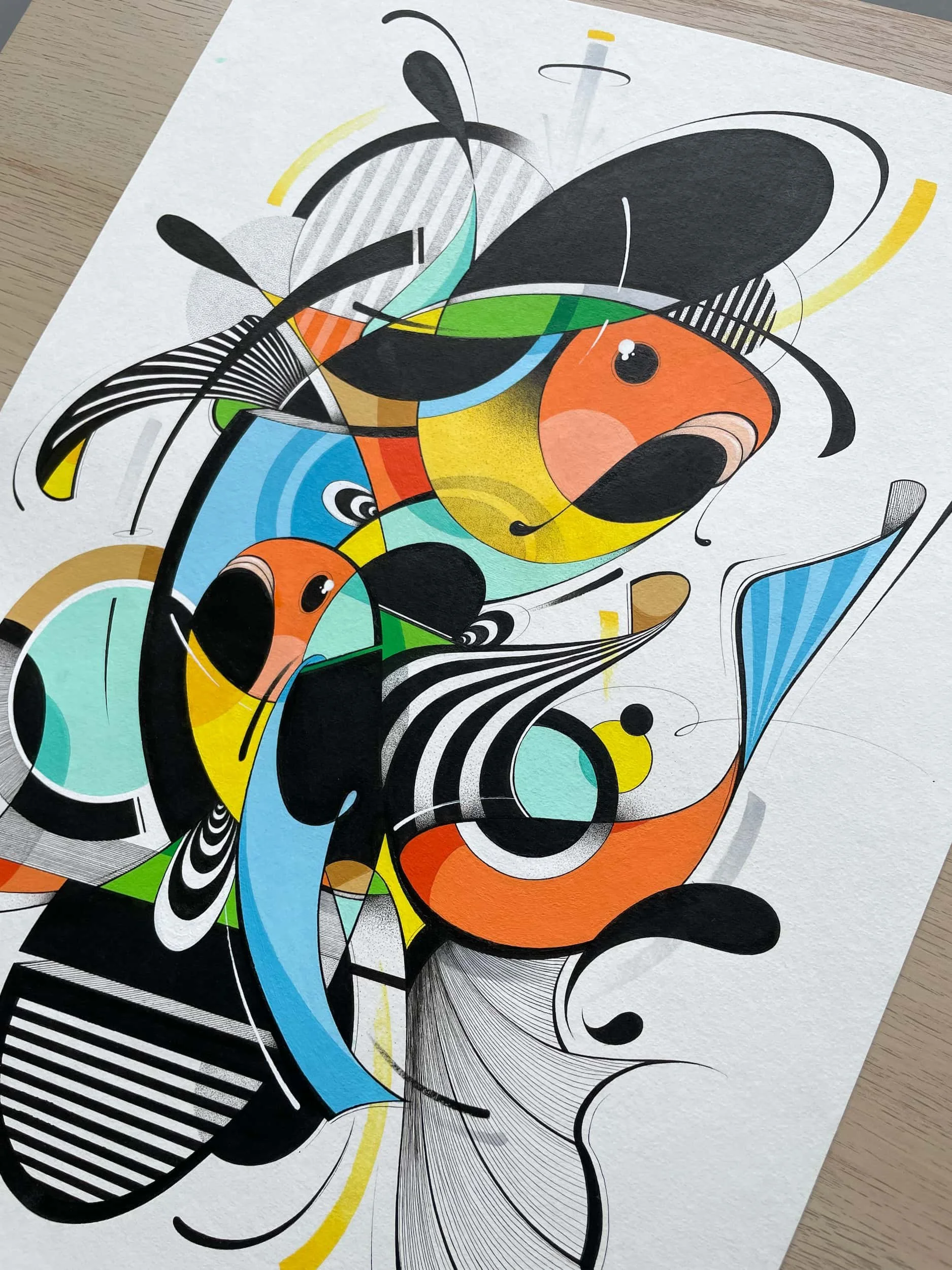 Abstract colorful drawing with various geometric shapes, lines, and patterns, including orange, yellow, blue, green, and black elements.