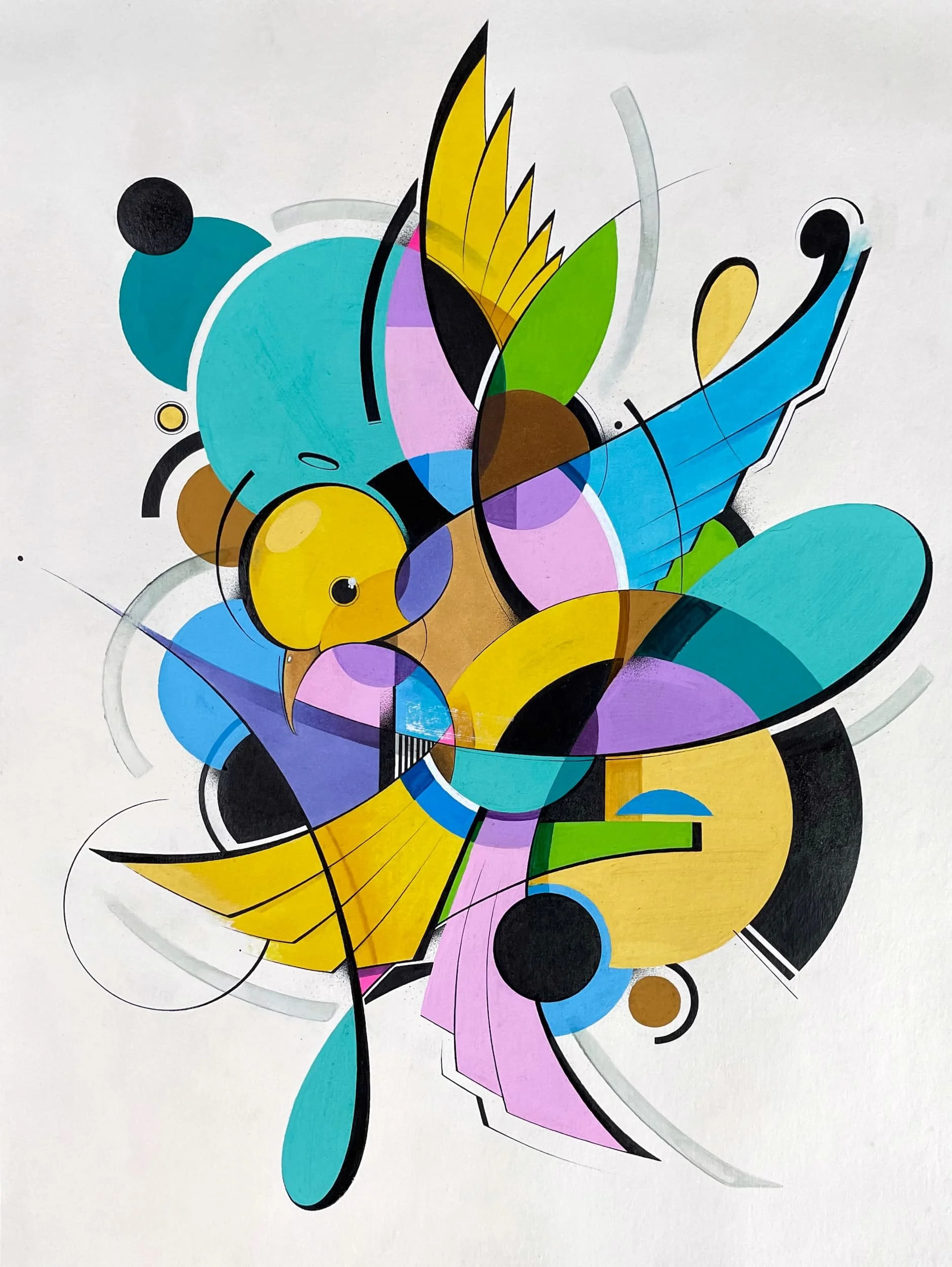 Abstract geometric artwork with various curved, circular, and angular shapes in yellow, black, purple, blue, green, and brown on a white background.