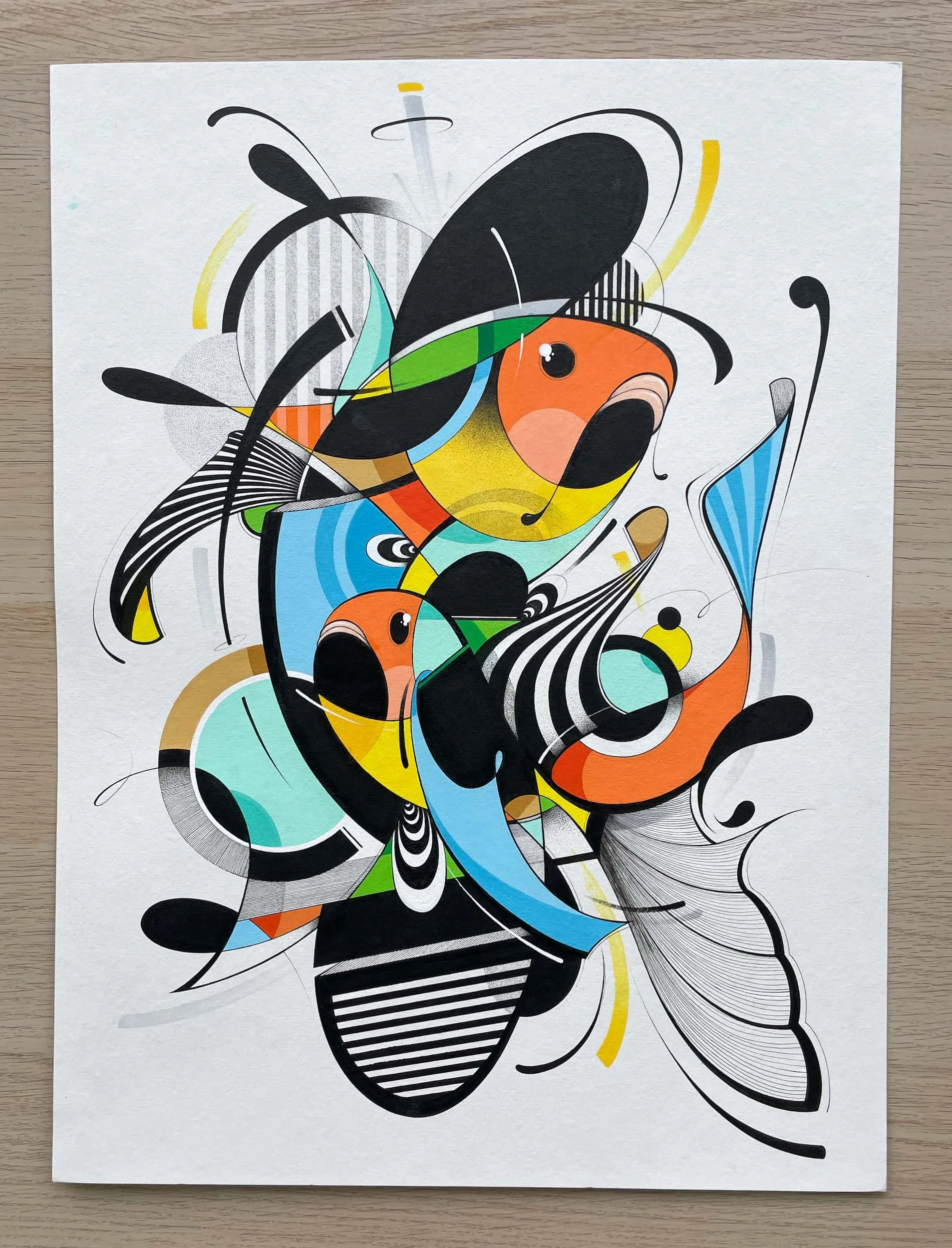 Abstract colorful drawing of a bee with various geometric shapes and patterns.