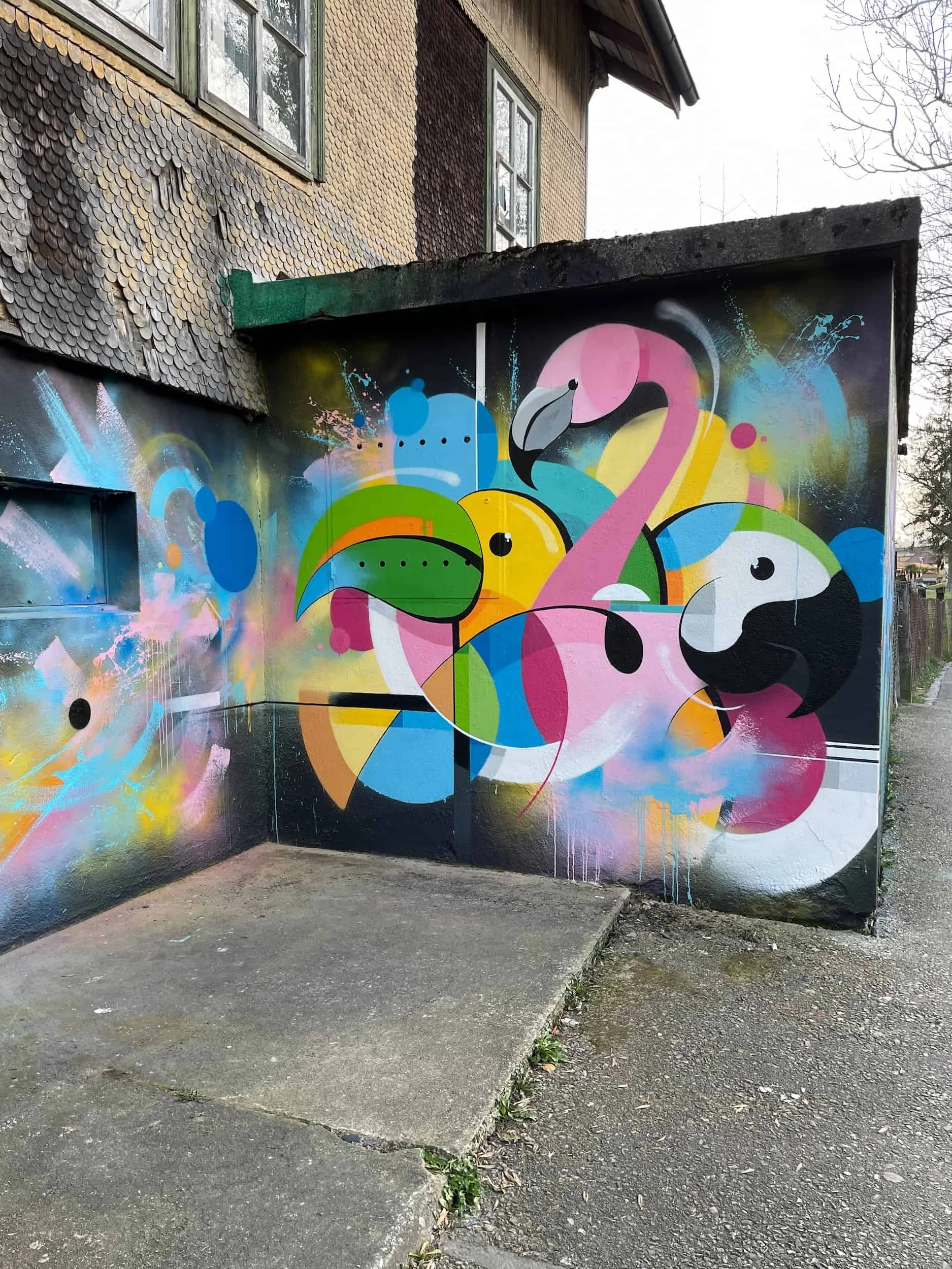 Tropical Birds - Spray paint and acrylic on concrete wall, Aarburg, Switzerland, 2022