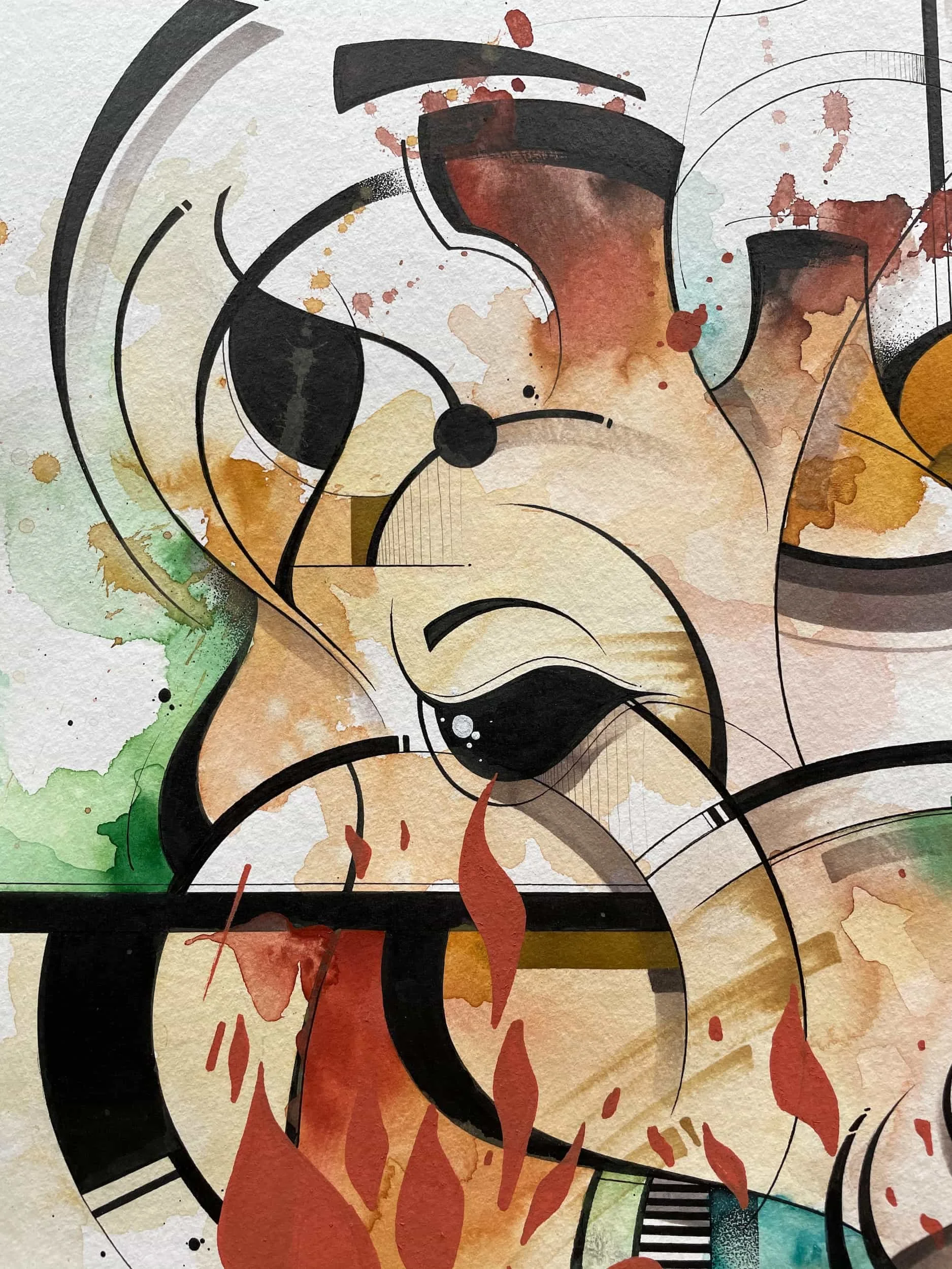 Abstract watercolor painting with black lines, reddish-brown, orange, yellow, green, and beige splashes and shapes, featuring a stylized fox face with pointed ears, nose, and closed eyes.