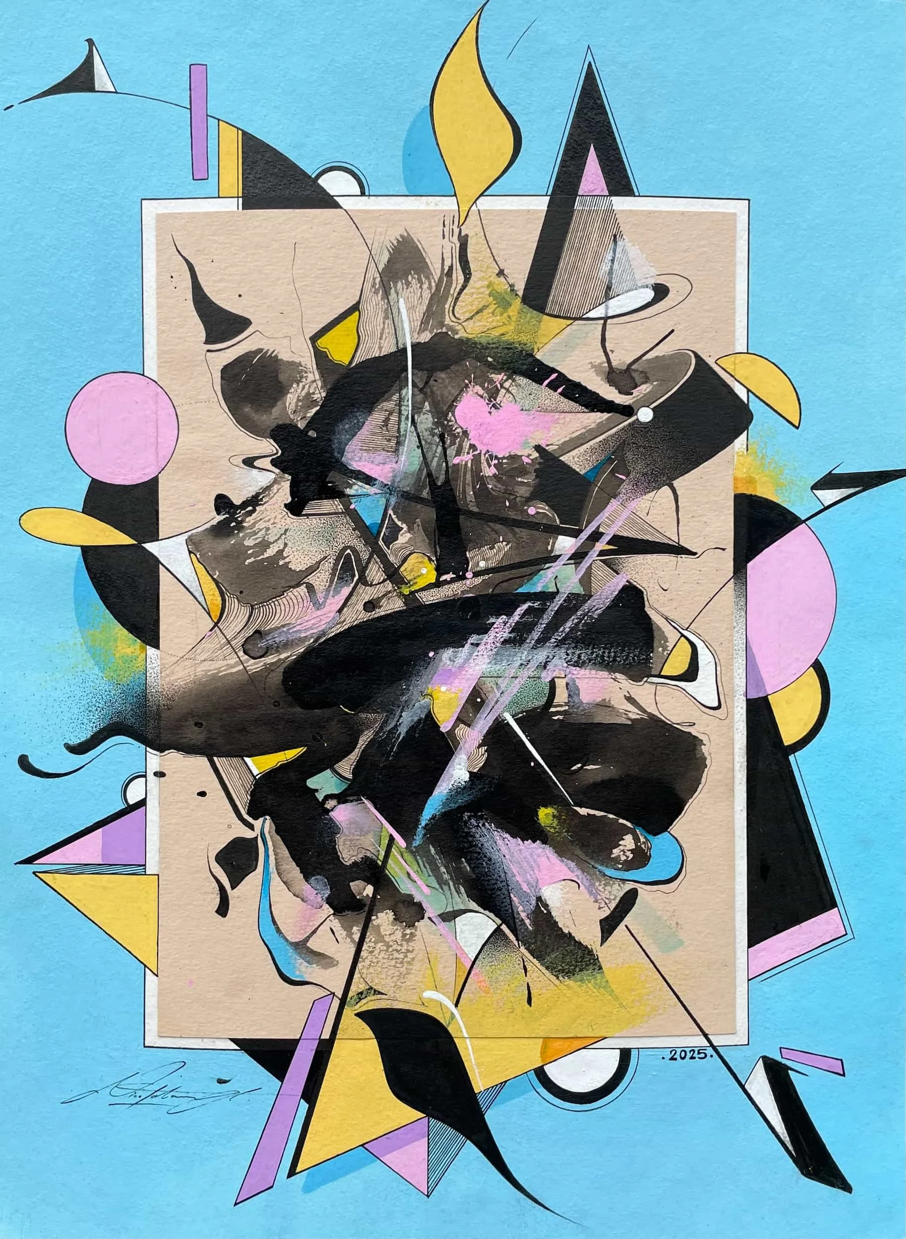 An abstract painting with geometric shapes, lines, splashes of color, and black brushstrokes on a blue background.