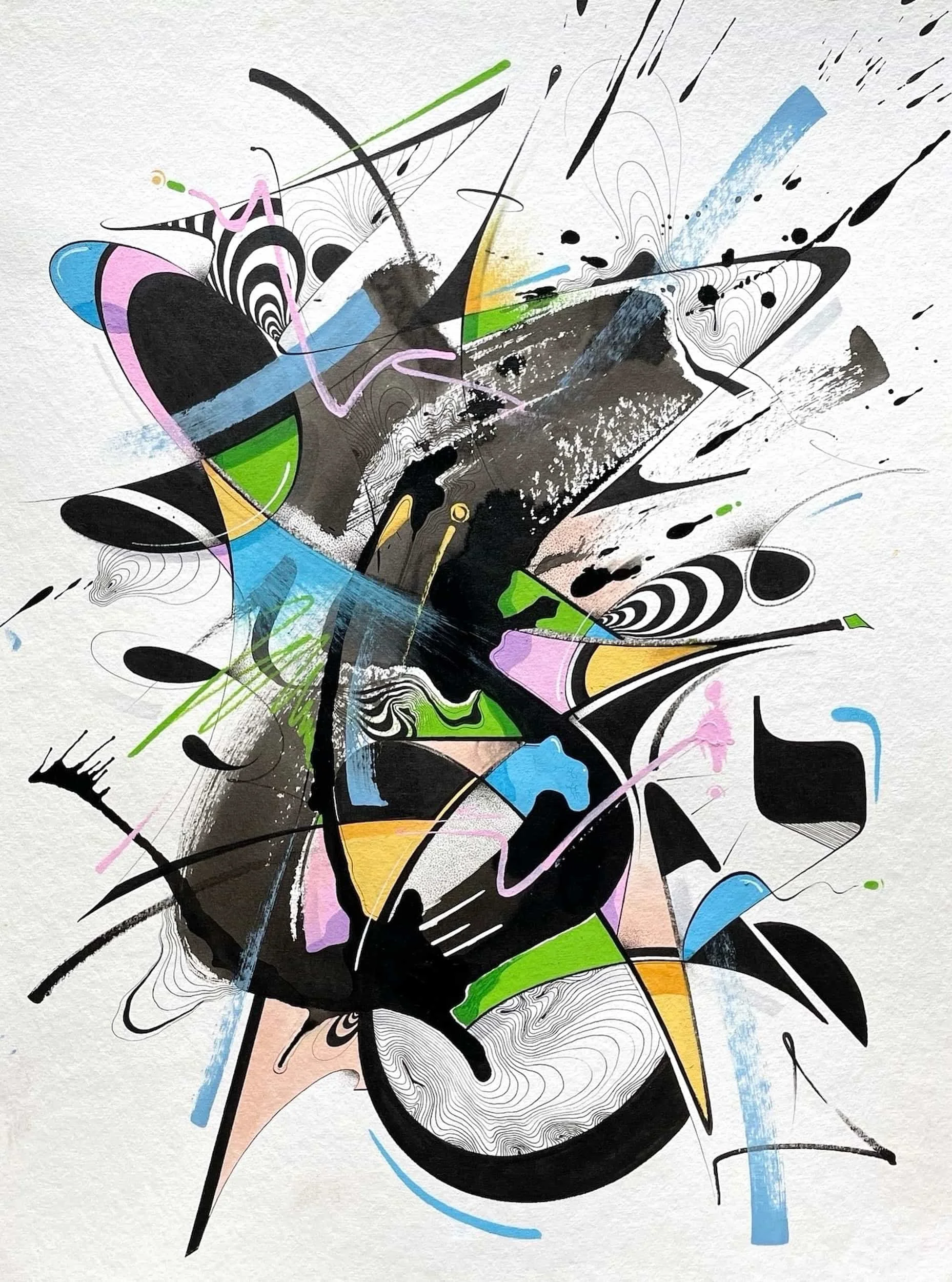 Abstract colorful mural with black, blue, pink, green, and yellow shapes and lines on a white background