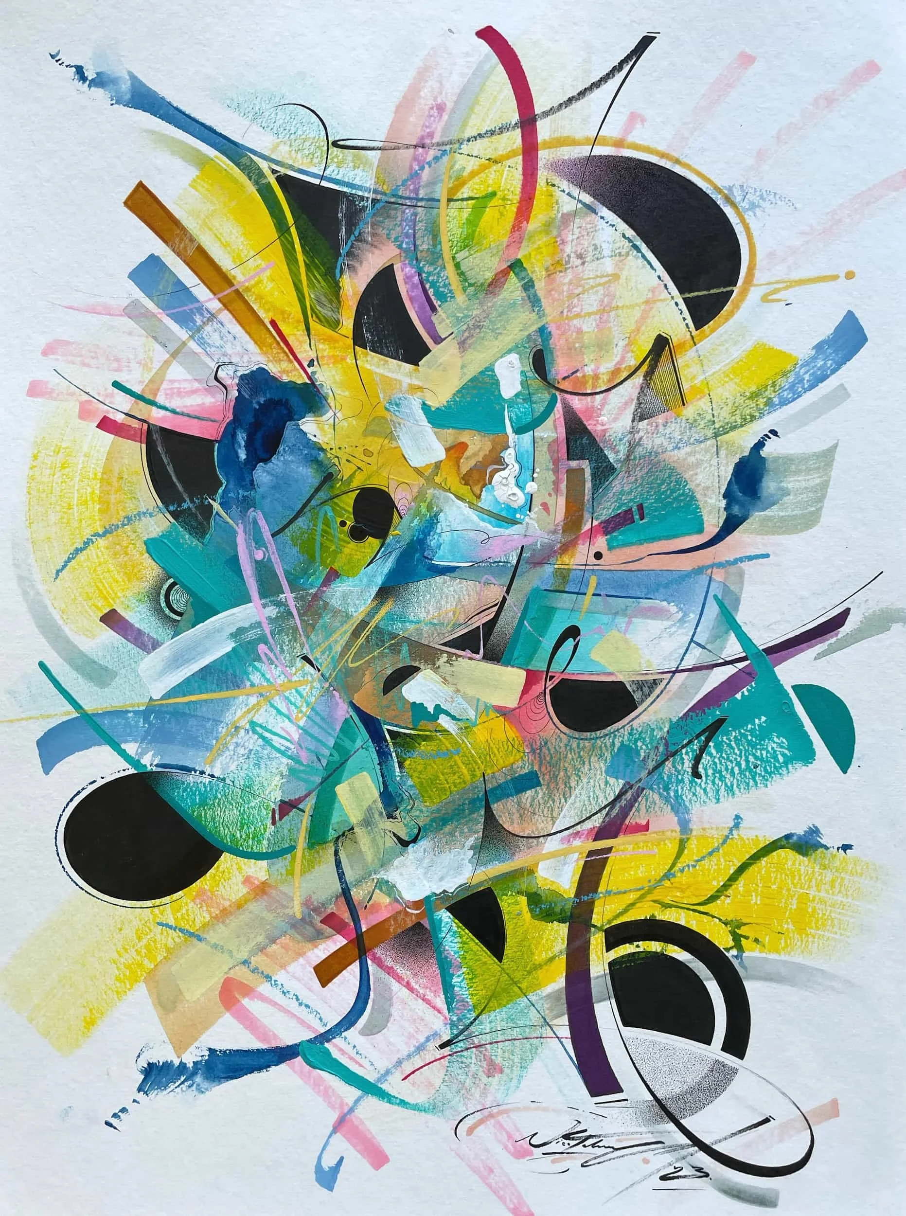 Abstract colorful painting with various shapes, lines, and splashes of color, including black circles and vibrant streaks of pink, yellow, blue, and green.