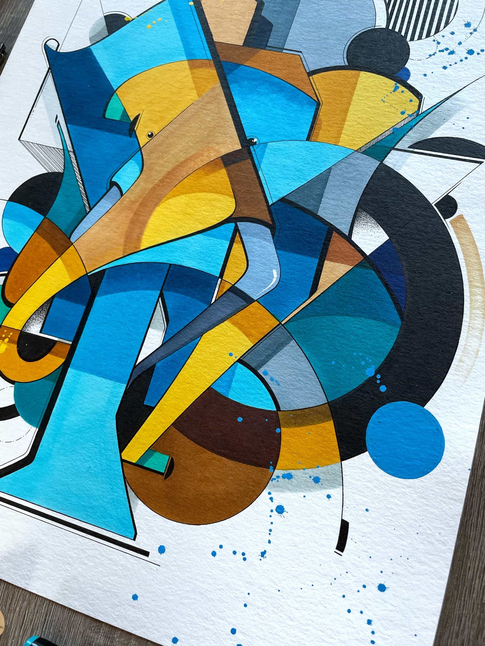 Abstract geometric graffiti art with blue, yellow, black, and brown shapes and splatters on a white background.