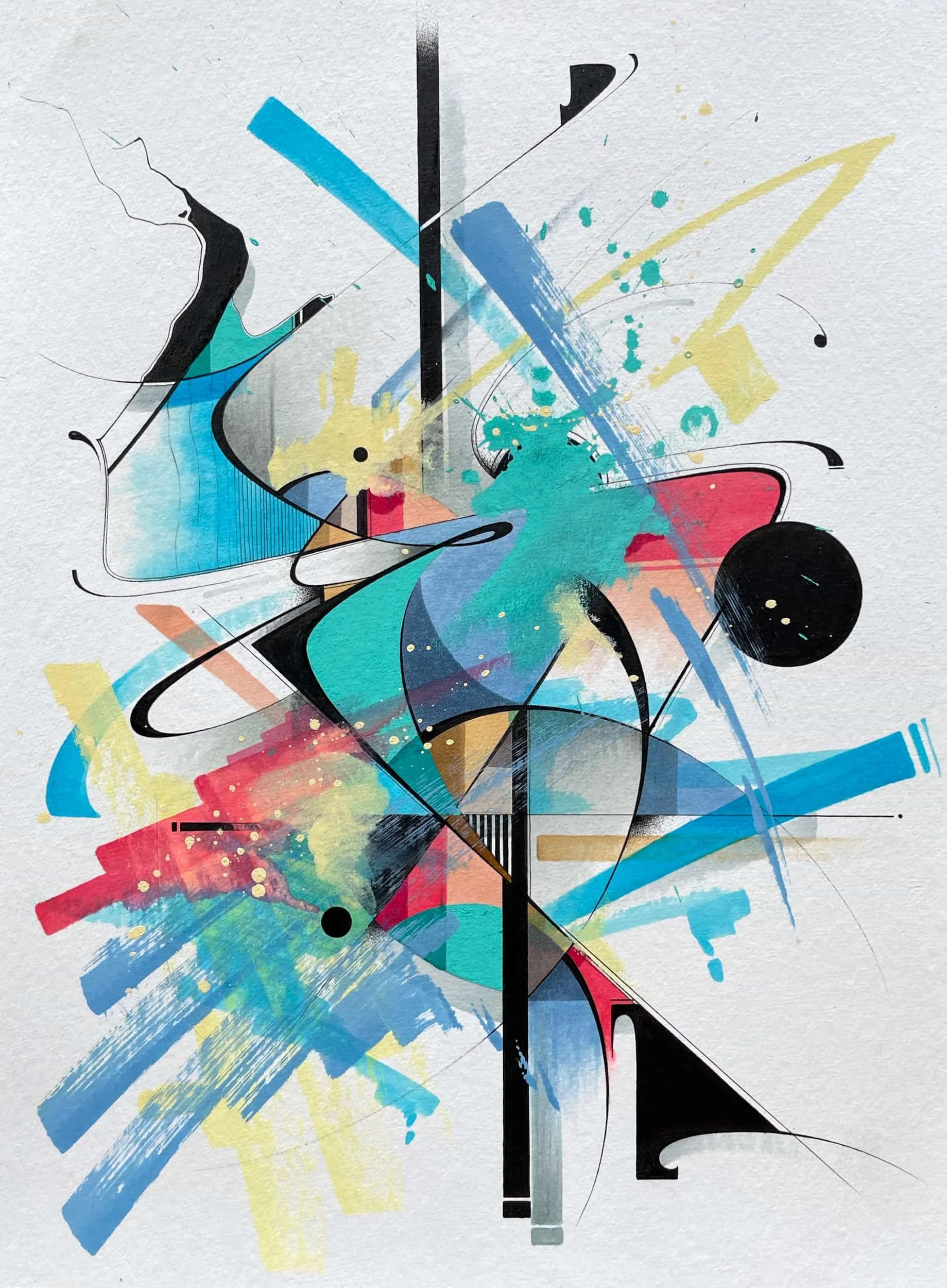 Abstract colorful graffiti-style artwork with various shapes, splashes, and lines in shades of blue, yellow, red, black, and gray.
