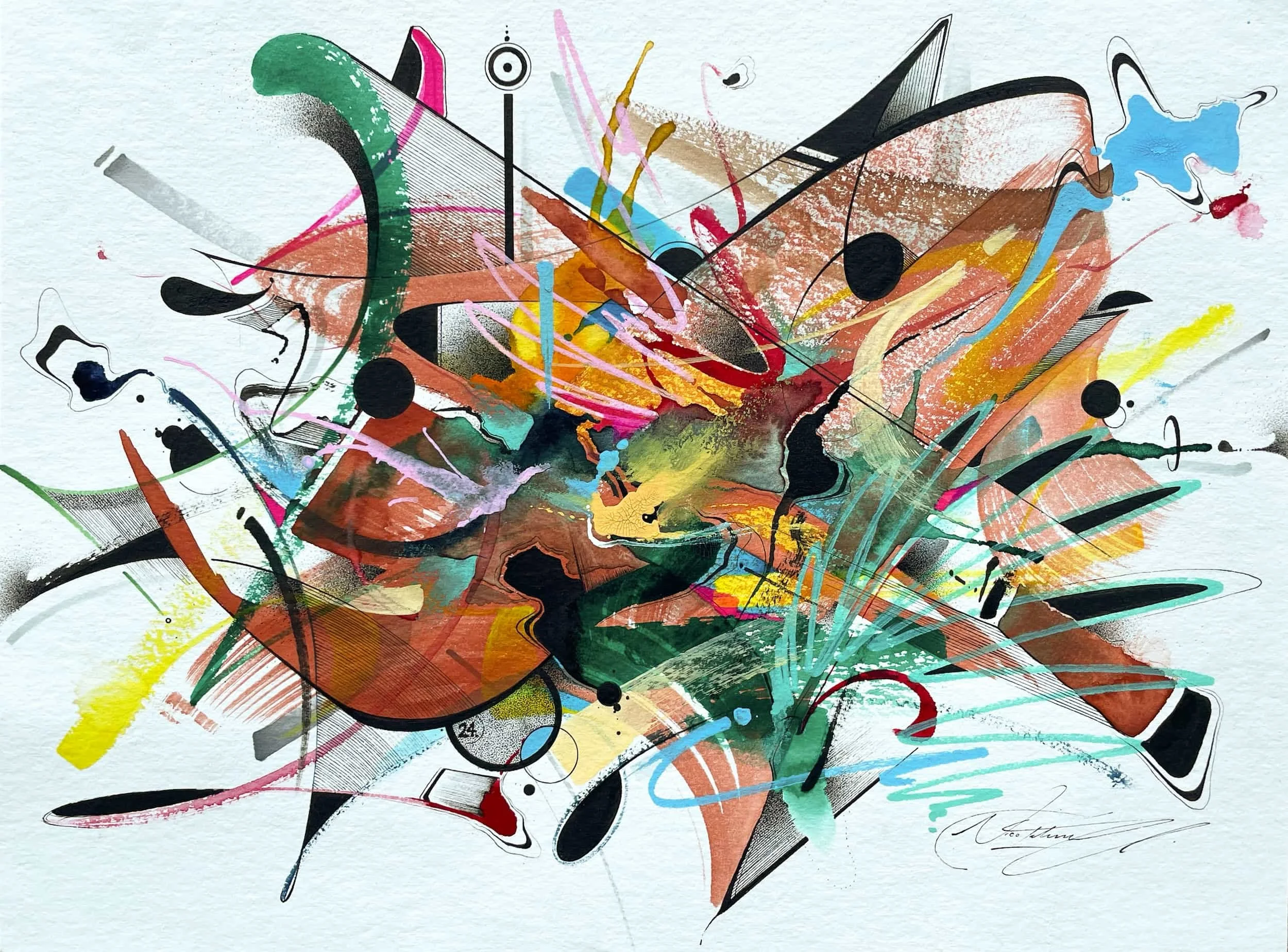 Abstract colorful painting with splashes of black, green, yellow, pink, red, blue, and orange on a white background.