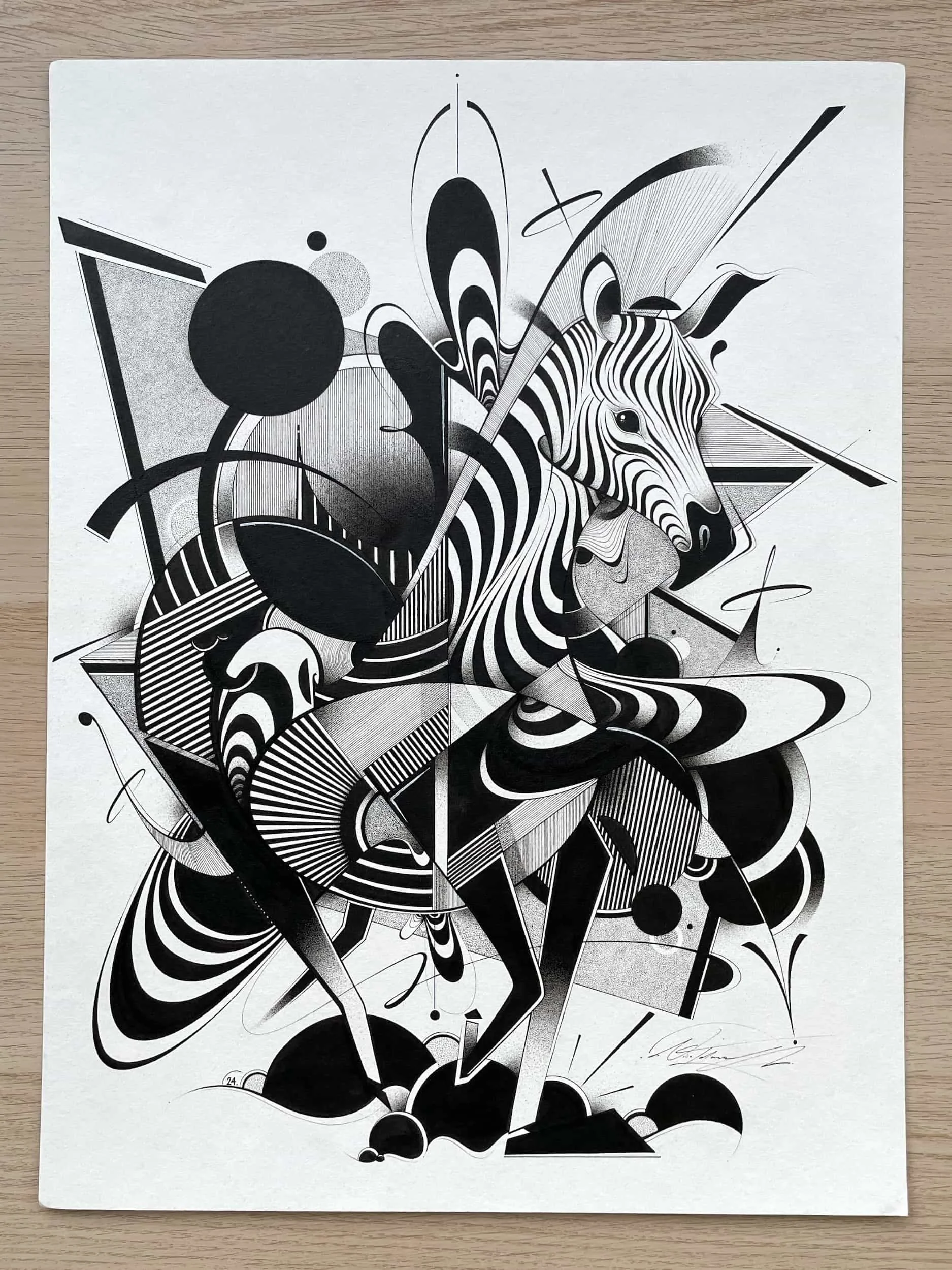 Abstract black and white geometric artwork featuring a stylized zebra with striped pattern and various shapes and lines surrounding it.