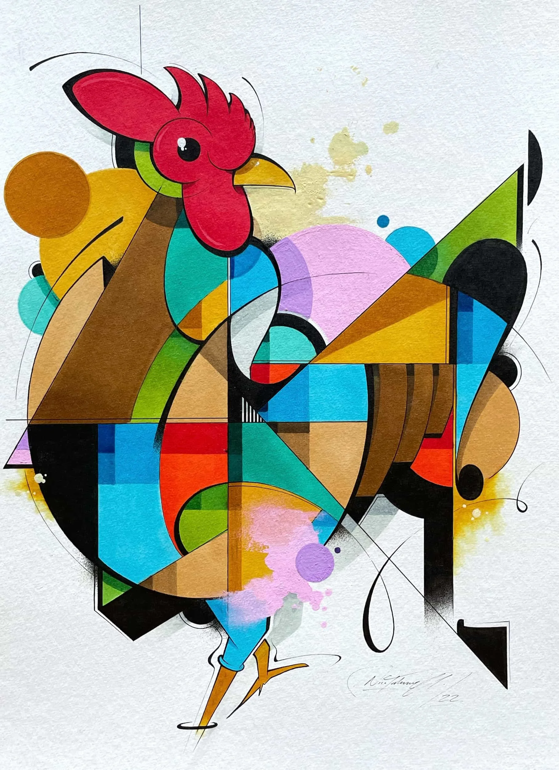 Colorful Rooster - Alcohol markers, ink and acrylic on paper, 24 x 32 cm, 2022