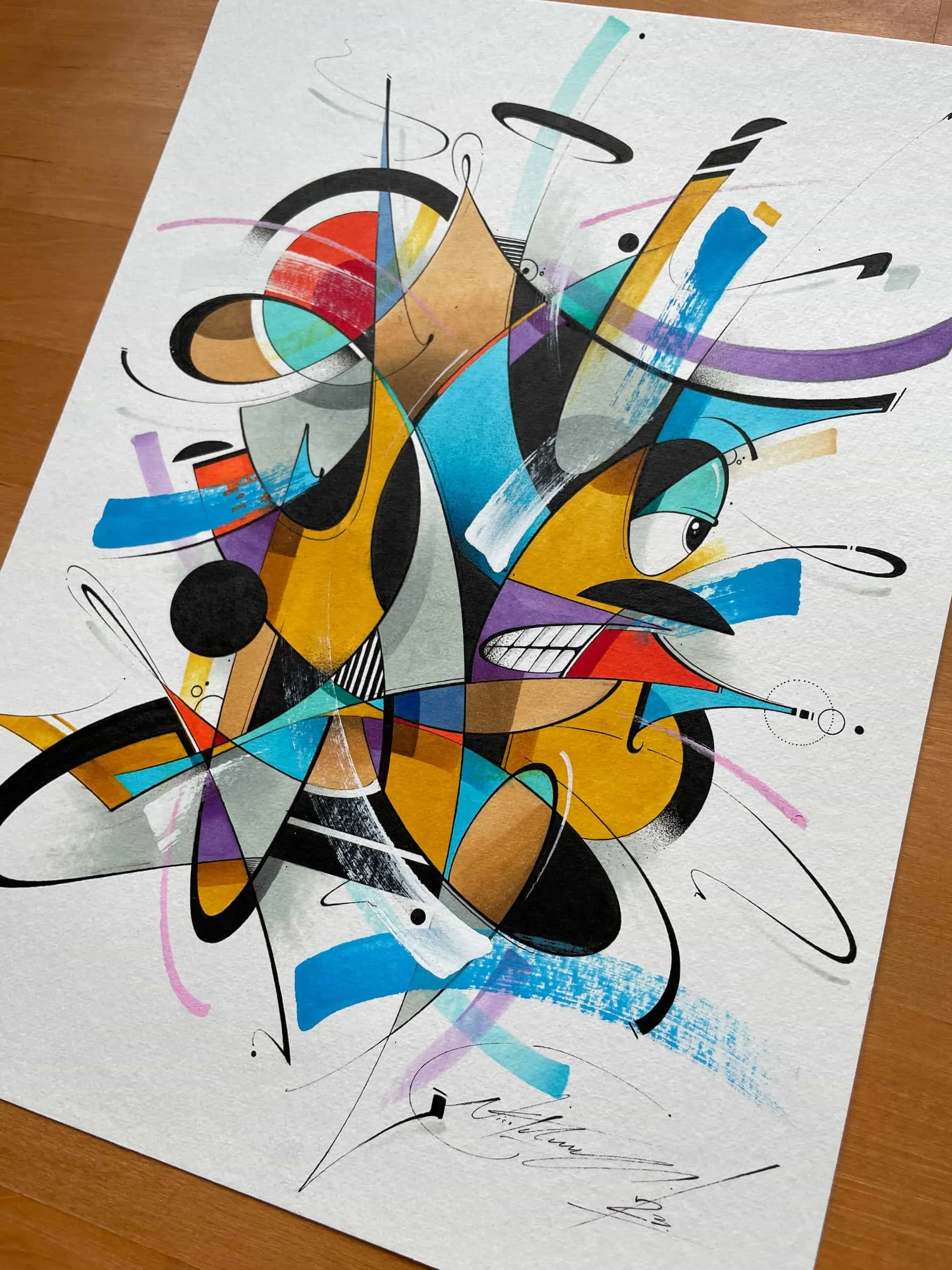 Abstract colorful painting with geometric and fluid shapes on a white textured paper, signed at the bottom.