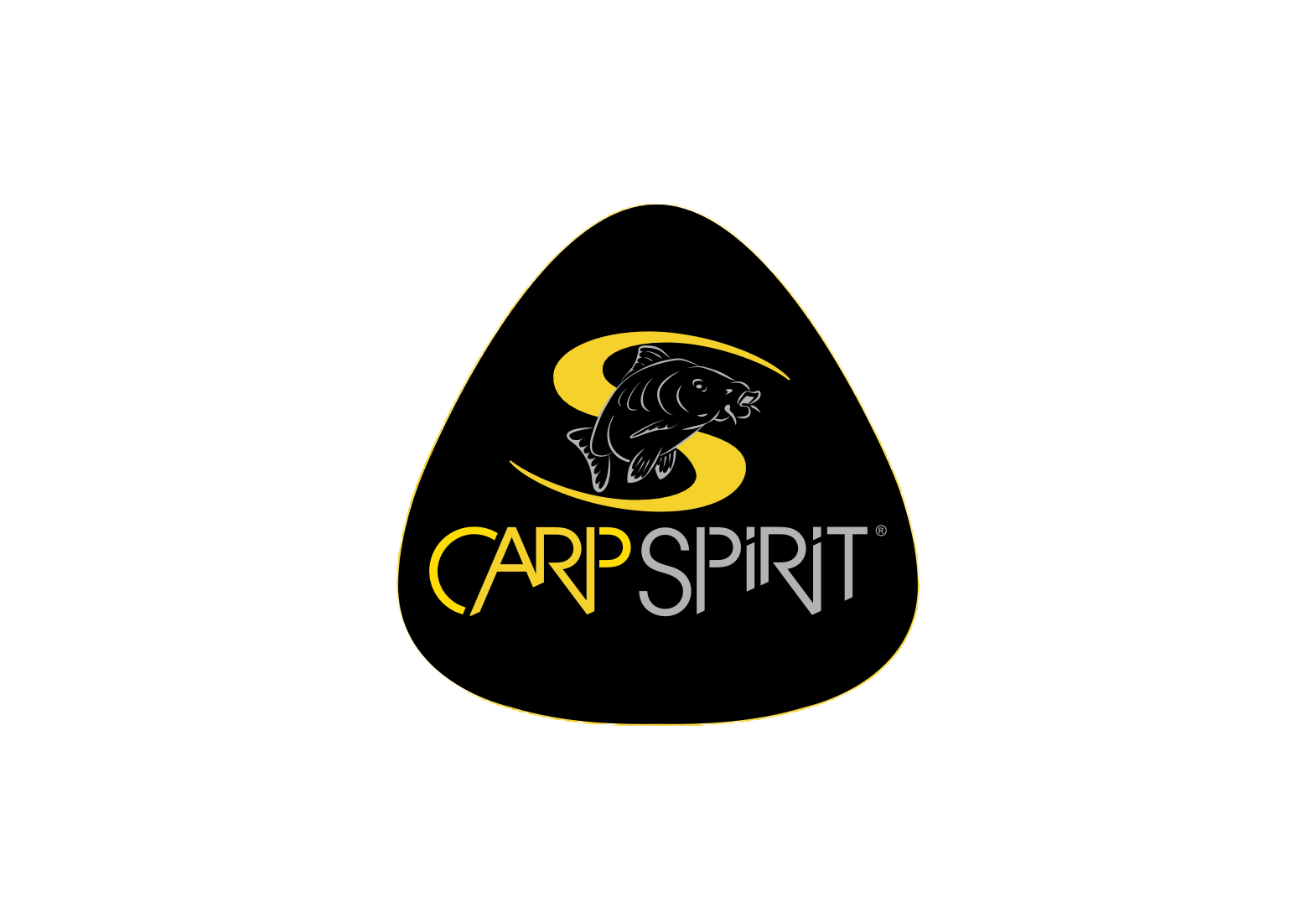 Logo von Carp Spirit mit einem Fisch und einer schwarzen und gelben Farbgestaltung