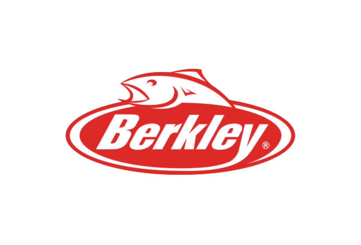 Das Logo einer Fischmarke mit einem Fischkopf und dem Schriftzug 'Berkley' in weiß auf rotem Hintergrund.