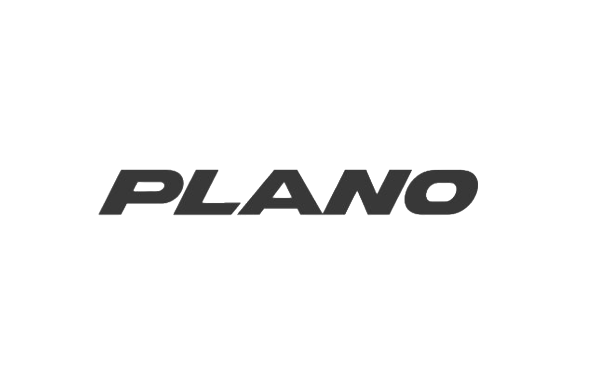 Schwarzes Logo mit weißen Linien und grauem Text, das das Wort 'PLANO' in der Mitte zeigt.