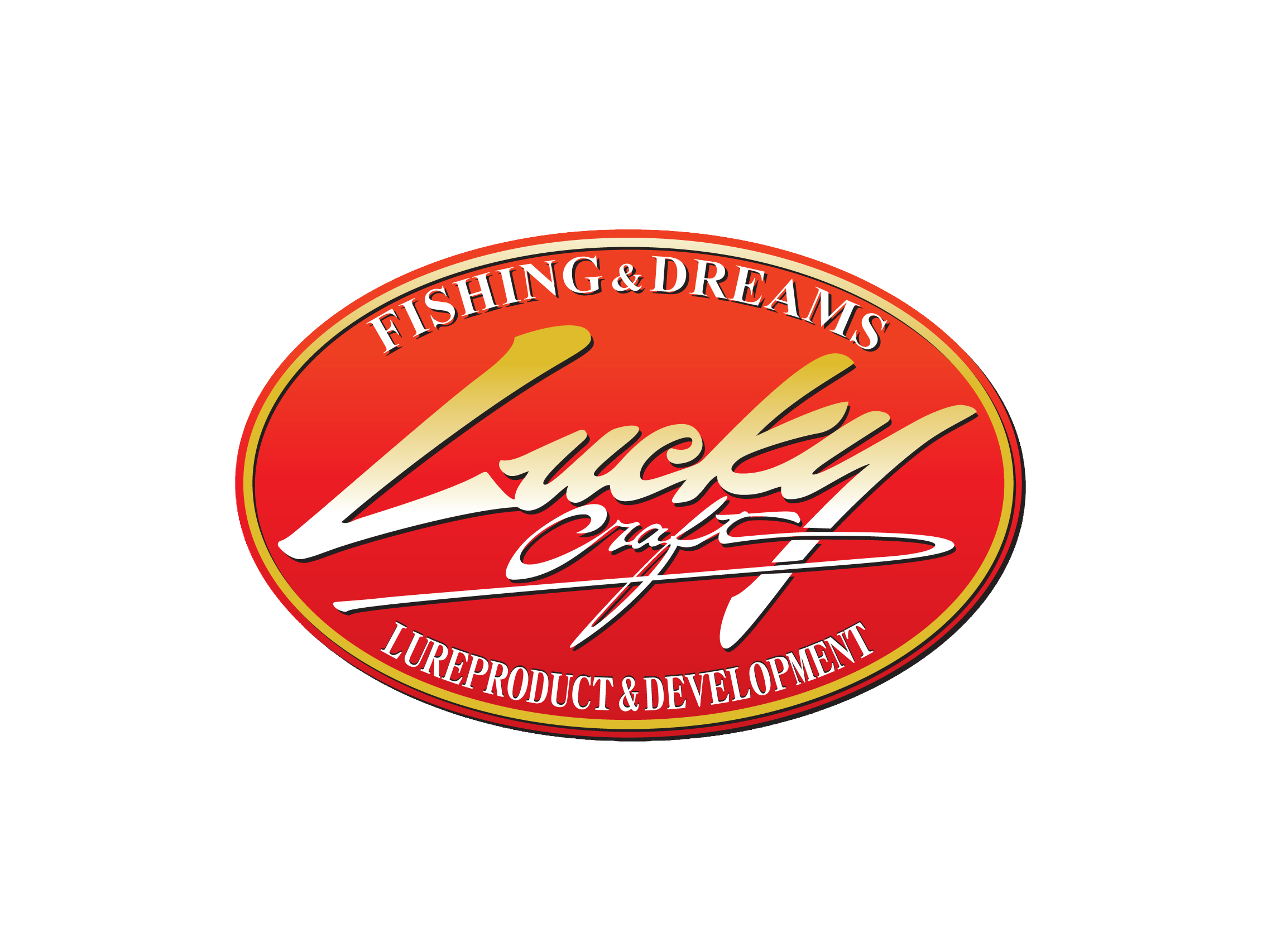 Rotes ovales Logo mit goldener Umrandung, oben in weißen Buchstaben 'Fishing & Dreams', in der Mitte in geschwungener Schrift 'Lucky Craft', und unten in weißen Buchstaben 'Lure Product & Development'.