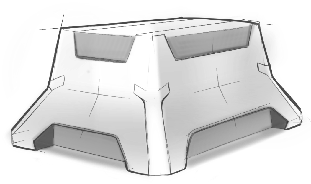 Ein holographisches, futuristisches Fahrzeug mit glatten Linien und großem Glas in einem dunklen Kyberraum.