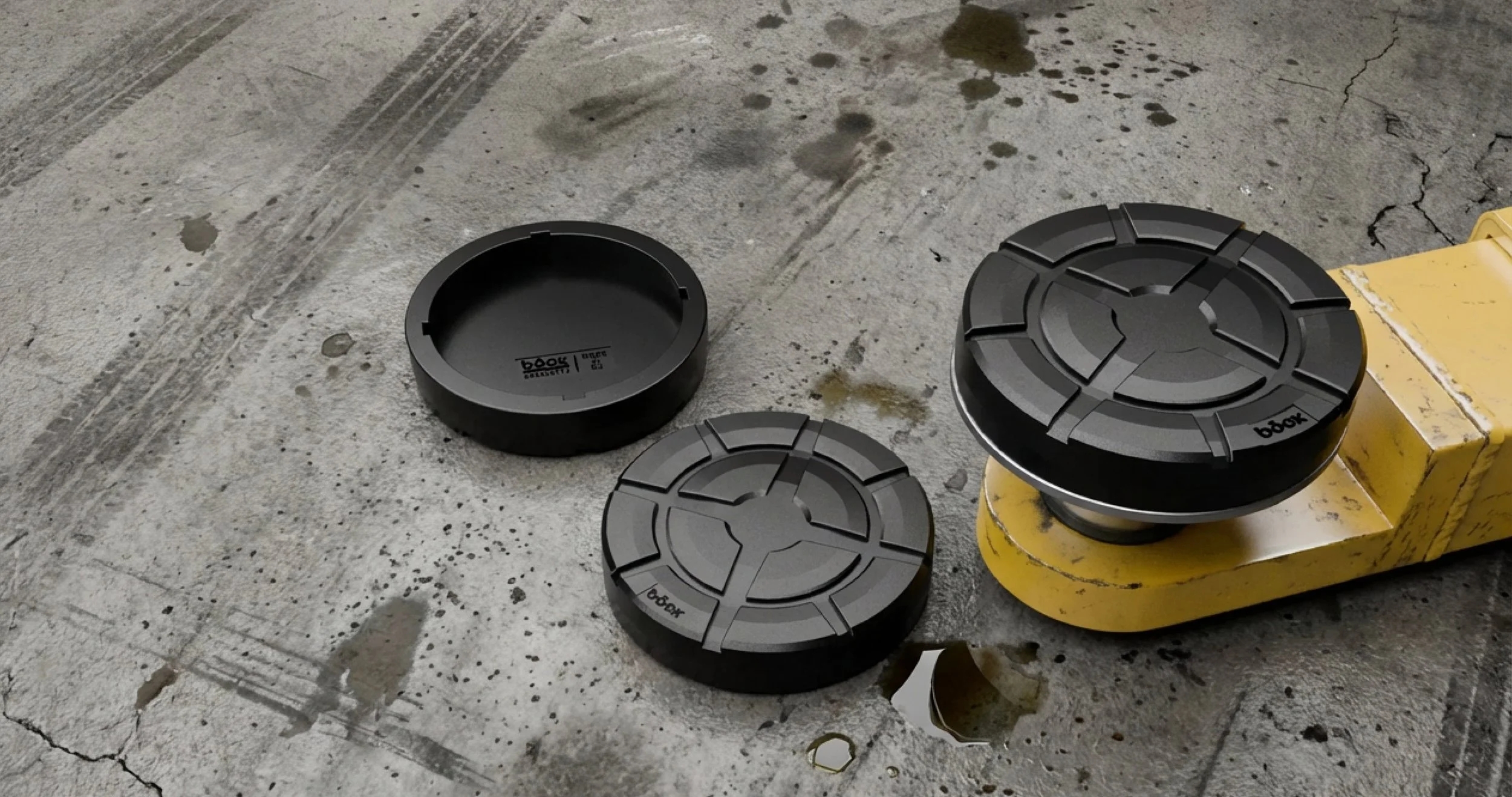 Böck GmbH – Redesign Gummiteller: schwarze Rundscheiben mit Kreuzprofil für Kfz-Hebebühnen auf Betonboden neben gelbem Hubarm