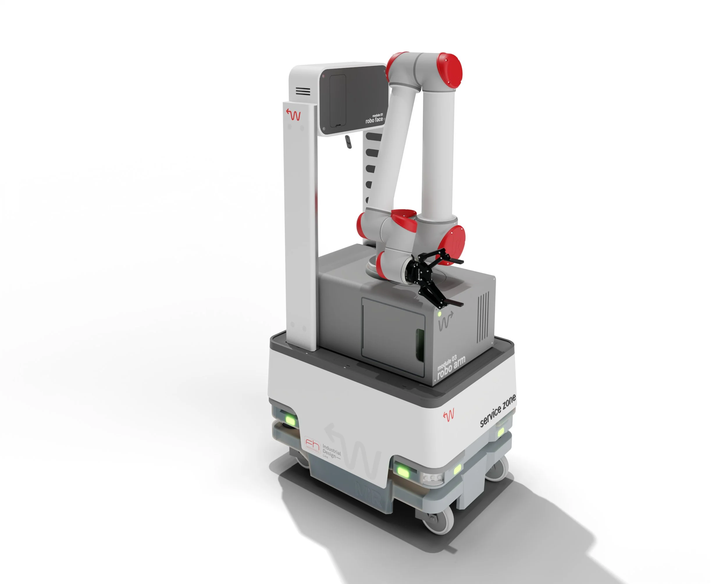 Flow / FH OÖ – MIKA mit Greifarm: 3D-Rendering des weißen mobilen Serviceroboters mit Hubmast und modularem Arm auf Rädern