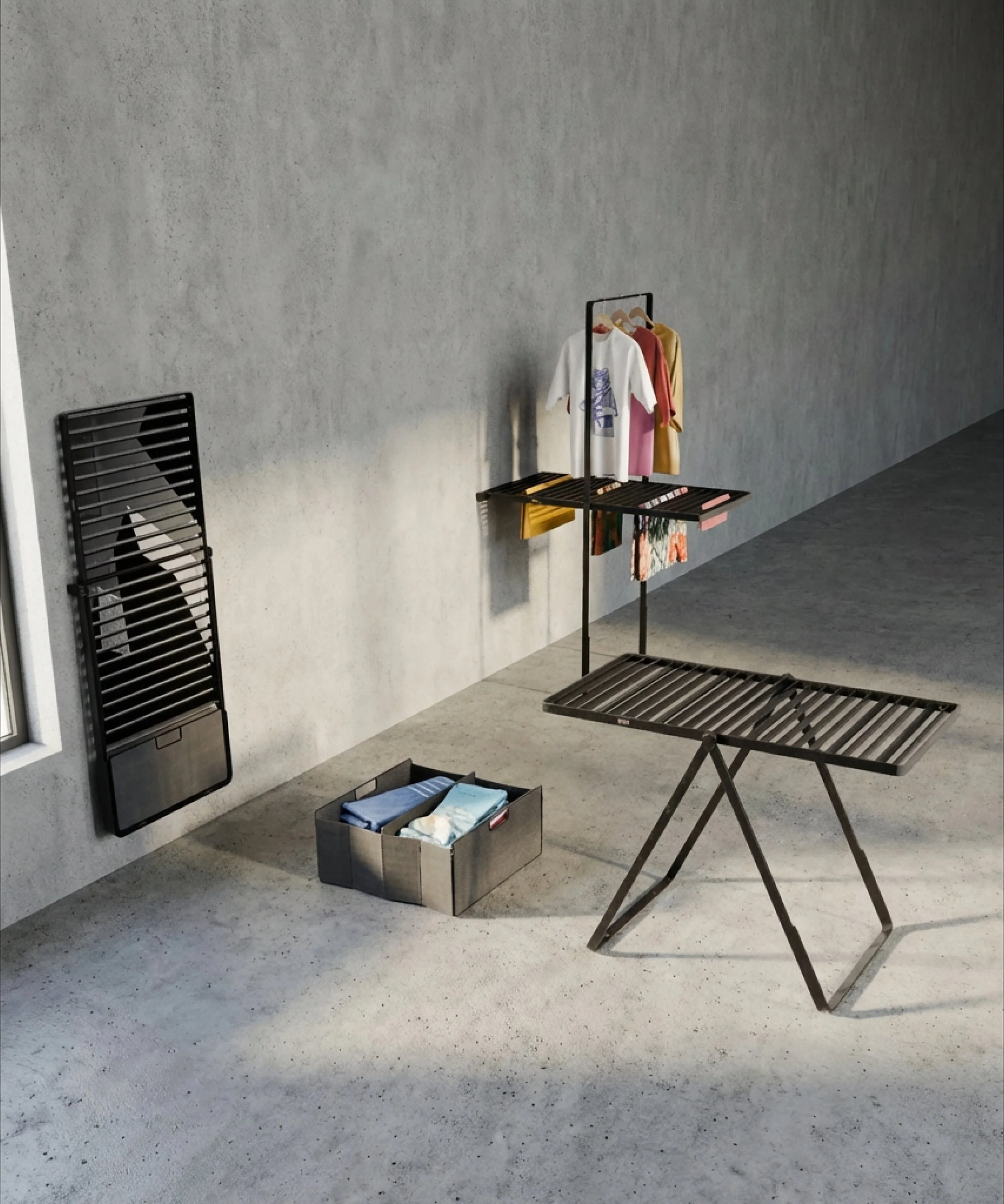 Prototyp eines variablen Wäscheständers der auch als Wandbild bzw Möbel fungiert