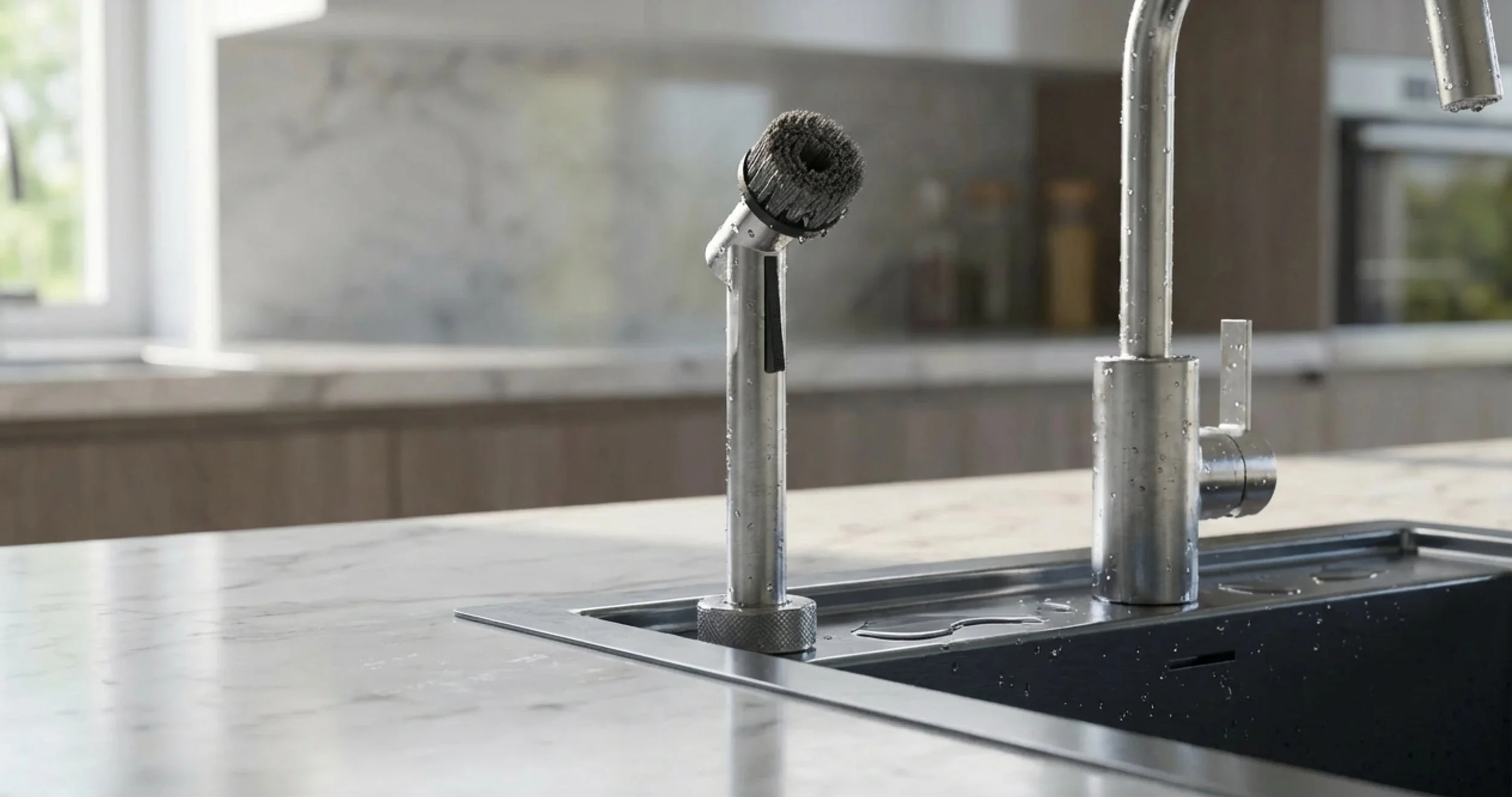 Design eines Wasserhahn Tools zum Abwaschen einer modernen Küchenarmatur aus Edelstahl über einem Spülbecken mit Wassertropfen