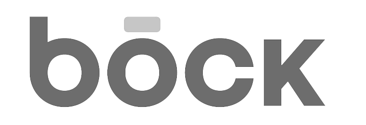 Grafisches Logo mit dem Wort 'bock' in grauer Schrift auf schwarzem Hintergrund.